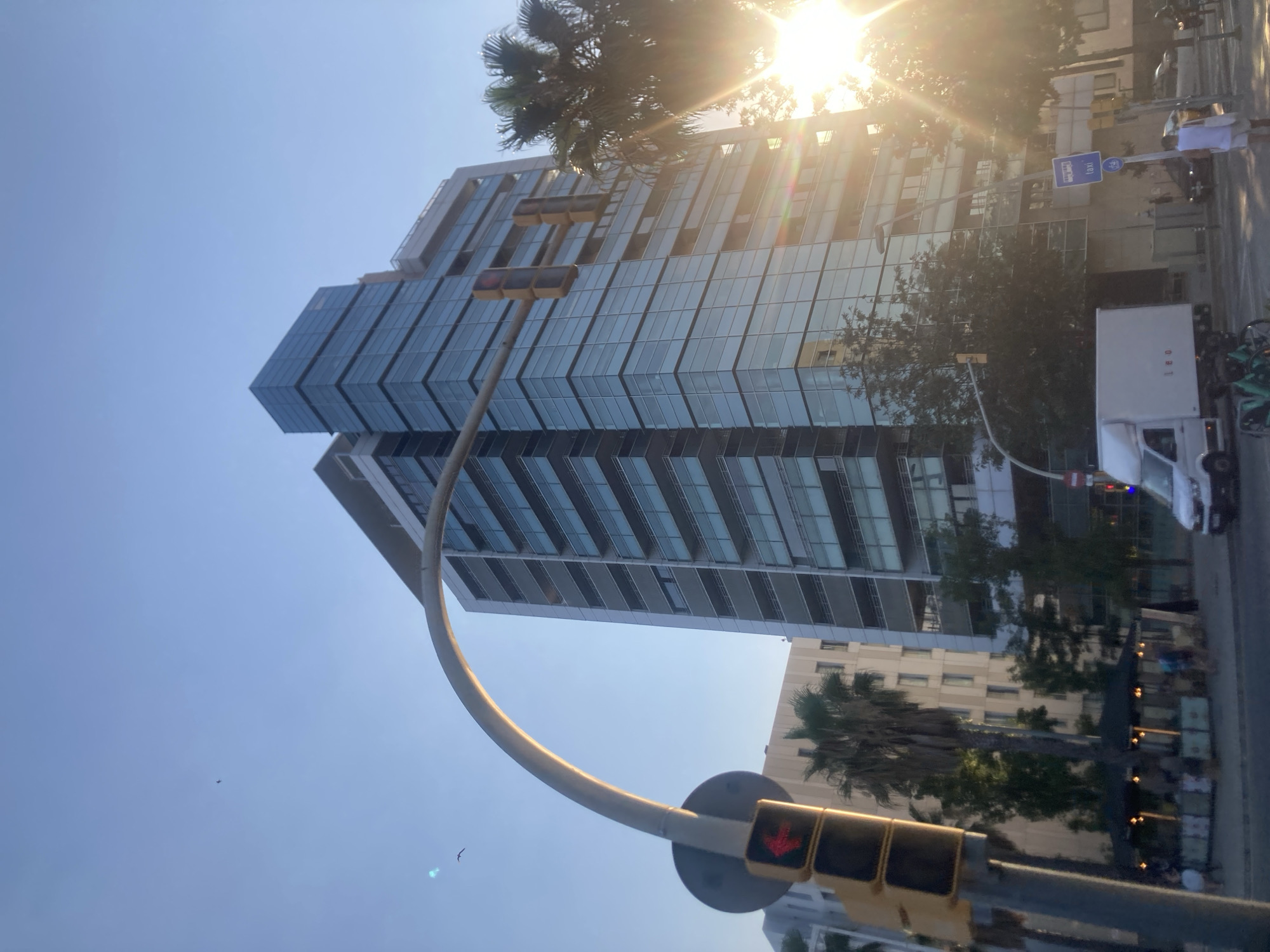 The image captures a street scene in Barcelona, Spain, during daylight, likely late afternoon, as indicated by the low-angle sun and long shadows. Dominating the frame is a modern, tall glass-facade building. In the foreground, a traffic light pole with a red arrow signal is visible on the left. A large, curved metal structure, possibly part of an overhead traffic signal system, arches across the image.
Several palm trees are interspersed between the buildings and along the street. In the middle ground, a small outdoor cafe with illuminated seating is operating, with several patrons present. A white delivery van is parked on the street, with what appears to be a bicycle parked behind it. A blue and white sign with the word "TAXI" is mounted on a pole further down the street. The sun is shining brightly, creating lens flares and silhouetting some of the trees and structures. The sky is clear and blue, with two birds visible in flight in the upper left quadrant. The overall impression is a bustling urban environment bathed in warm sunlight.