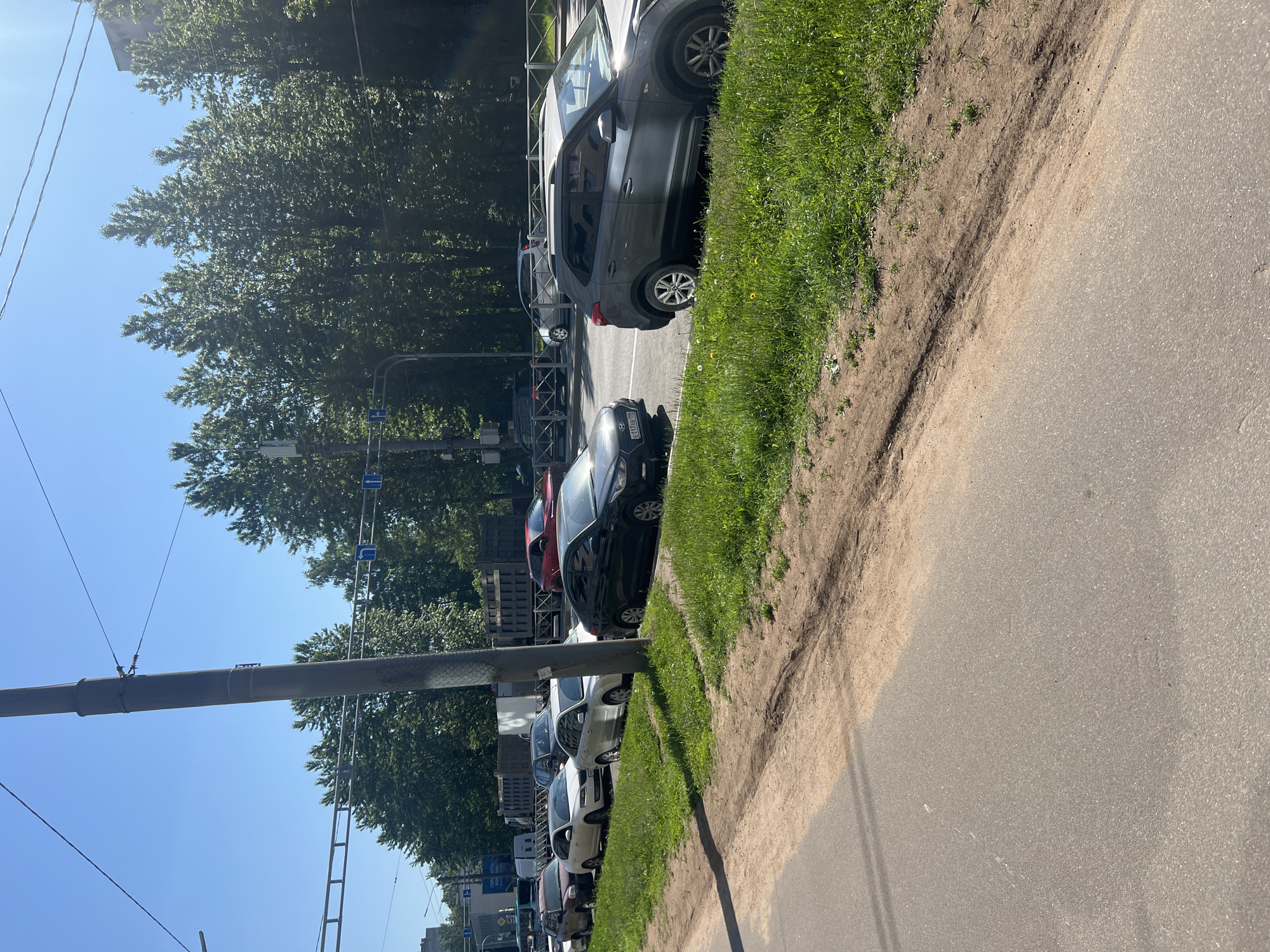 This image captures a bright, sunny street scene, likely in Saint Petersburg, Russia, as indicated by the "198" region code on a visible license plate. The asphalt road runs along the right side of the frame, bordered by a strip of dry dirt and a vibrant green grassy verge.
A row of cars is parked bumper-to-bumper on the left, extending into the background. These include various sedans and SUVs of different colors, such as grey, white, and black. One black car in the foreground clearly displays the Russian license plate "E173AP 198". Further back, more parked vehicles are visible.
Lush green trees with dense foliage line the street on the left and in the background, suggesting a well-vegetated urban area. The sky above is a clear, bright blue, indicating good weather conditions. Strong sunlight is evident from the shadows cast on the ground and vehicles.
In the foreground on the far left, a utility pole with overhead wires is visible. Traffic signs, typically blue with white arrows, are also seen mounted on poles in the mid-ground among the trees. No people are visible, and the scene appears calm, depicting a typical daytime city street.