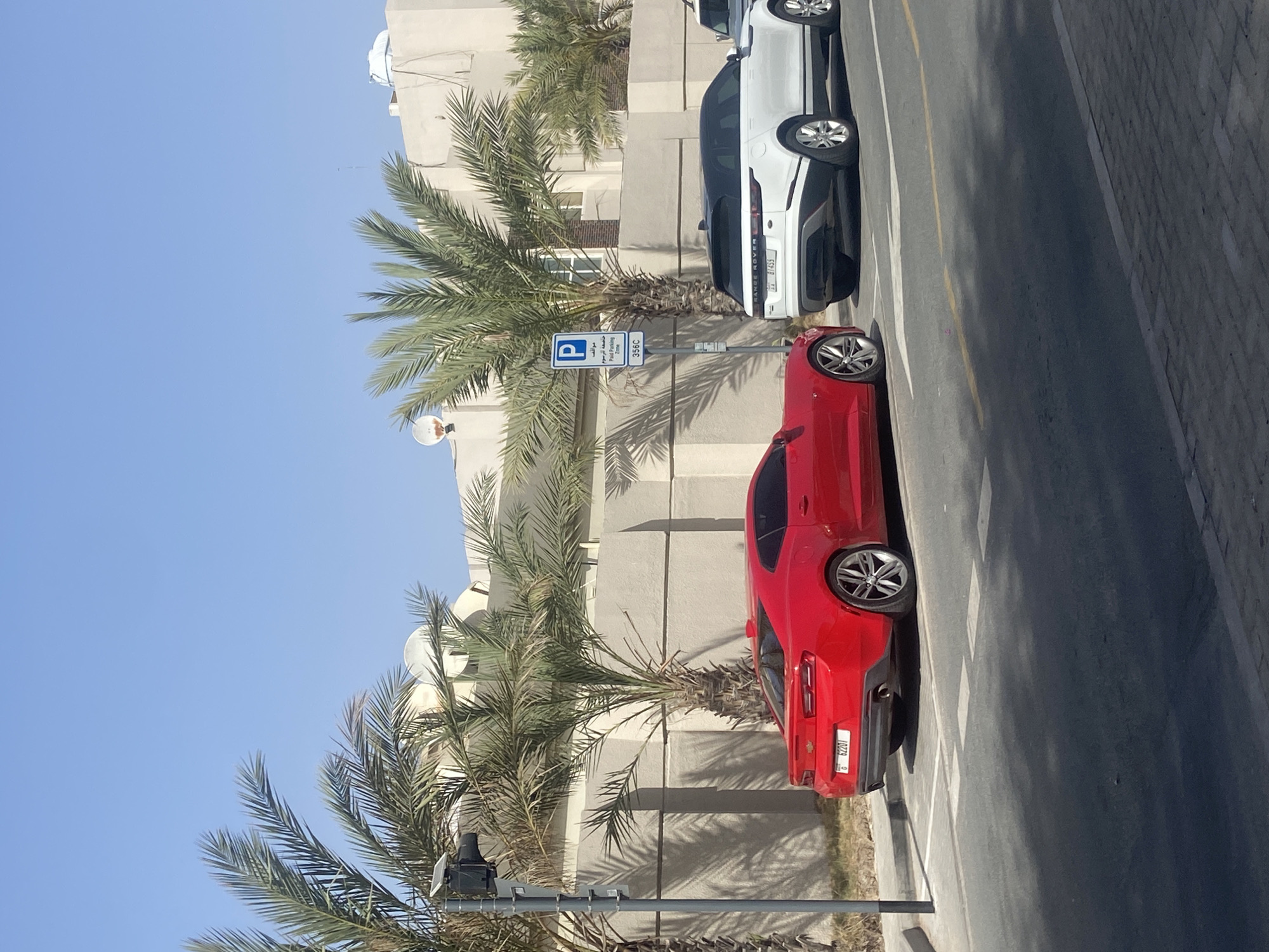 The image depicts a street scene in Dubai, United Arab Emirates. A red Chevrolet Camaro and a white Land Rover Range Rover are parked in a designated paid parking zone, indicated by a blue and white parking sign in Arabic and English. Palm trees line the street, casting shadows on the adjacent building. The sky is clear and blue. A traffic light stands at the edge of the frame.