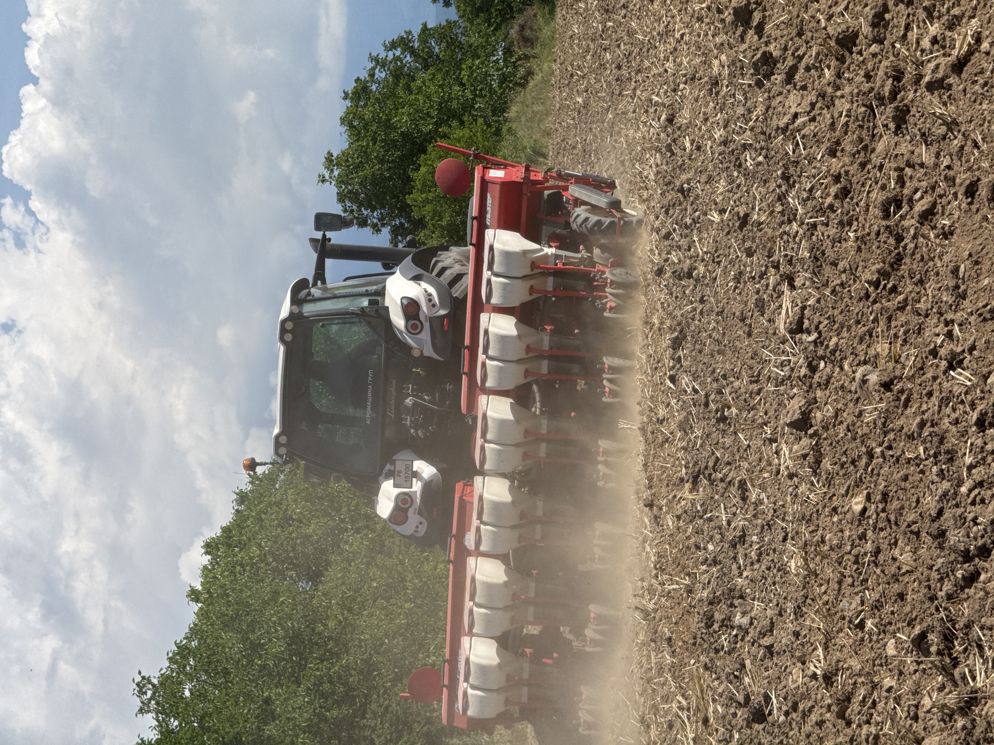 A white Lamborghini tractor is tilling a field, kicking up dust. The tractor is attached to a red planter with multiple white seed hoppers. The field is brown and dry, with some straw scattered on the ground. Green trees are visible in the background, and the sky is cloudy. This scene is located in the vicinity of Prolom, Bulgaria.