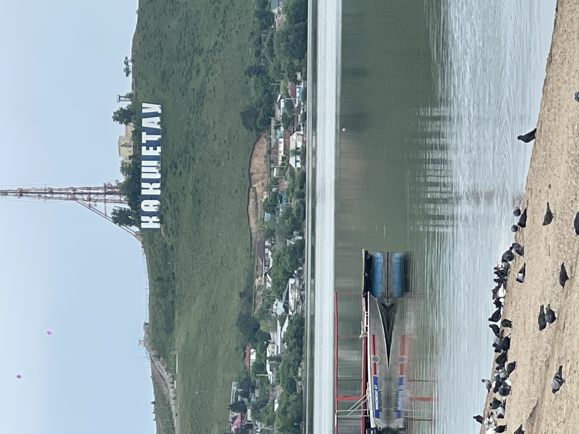 The image depicts a waterfront scene in Kokshetau, Kazakhstan. A large, hillside sign reading "KOKSHETAU" in Cyrillic script is visible, situated on a green slope with buildings partially visible. A metal transmission tower stands near the sign. A body of water reflects the sky, and a dock structure with a boat is present. A large group of pigeons stands on a concrete shoreline. The sky is light and clear with two pink balloons.