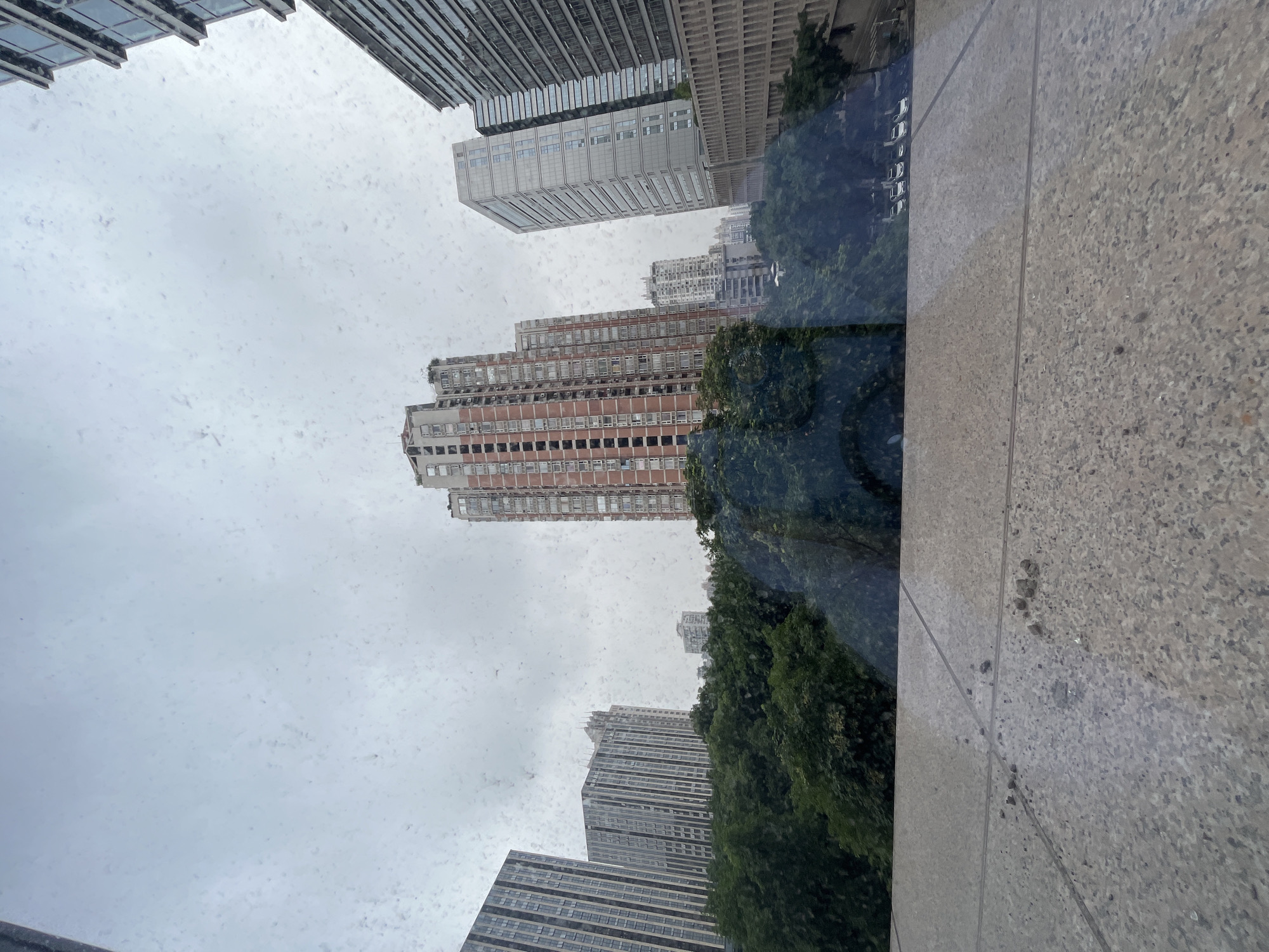 The image captures a view of Yuzhong District, China, on an overcast day. In the foreground, a speckled, tiled surface runs horizontally across the bottom of the frame. Above this, a dense canopy of green trees forms a band across the middle ground. Peeking through and above the trees are several multi-story buildings. To the left, a tall, modern building with a striped facade is visible. Next to it, another, slightly shorter building features a similar striped pattern. In the center, a prominent, reddish-brown brick building with numerous windows and balconies rises high into the sky. To its right, a sleeker, gray skyscraper stands tall, followed by another tall building with a banded, metallic facade. Further in the distance, more buildings of varying heights are discernible. The sky is a uniform, pale gray, suggesting cloudy weather. The image appears to have been taken through a window, as indicated by faint water droplets or smudges on the surface. In the reflection on the window, a few white cars are visible parked in a row.