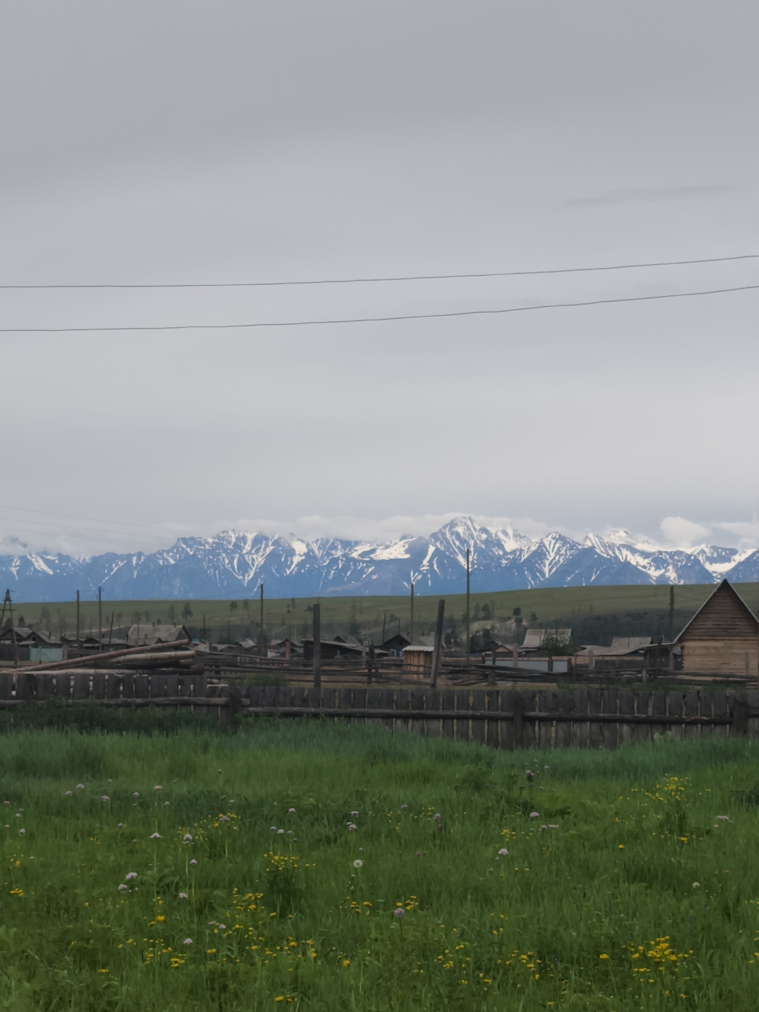 This is a landscape photograph taken in the city of Argada, Russia. The image depicts a rural village with snow-capped mountains in the background. In the foreground, a wooden fence encloses a field of green grass dotted with small yellow and purple wildflowers. Behind the fence, several rustic wooden houses are visible, some with visible wooden structures. To the left, a pile of logs is stacked. In the far distance, a range of mountains with snow-covered peaks stretches across the horizon under a cloudy sky. Power lines are visible in the upper portion of the frame.