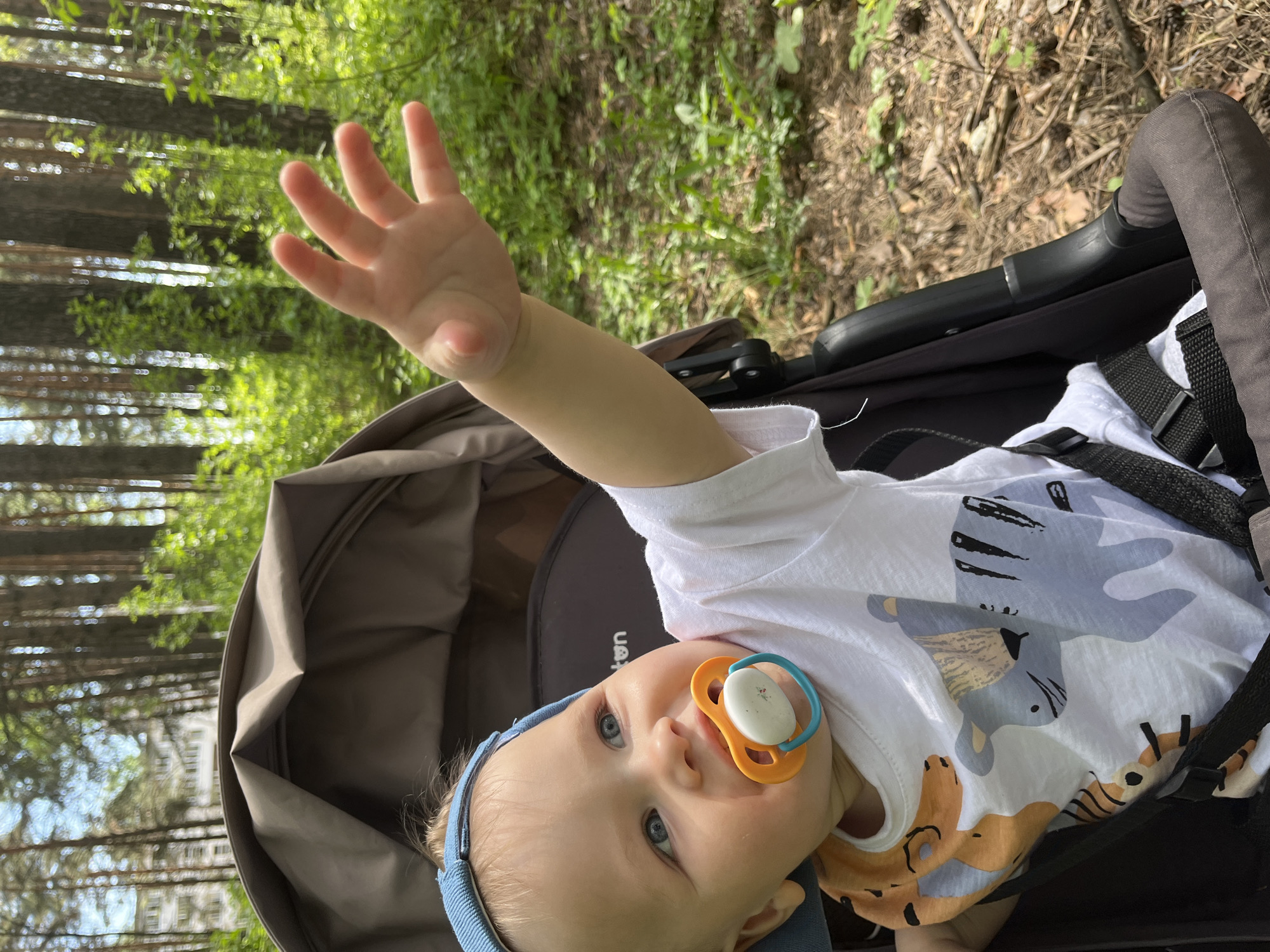 A close-up shot features a baby lying in a stroller, presumably in a park-like setting near Chaikovsky, Russia. The baby, wearing a blue headband and a white shirt adorned with animal motifs, has a pacifier in their mouth and is reaching up with their left hand. The background consists of trees and foliage, suggesting an outdoor environment. The stroller is dark-colored and its frame is visible, encompassing the baby. The lighting appears to be natural, likely daytime.