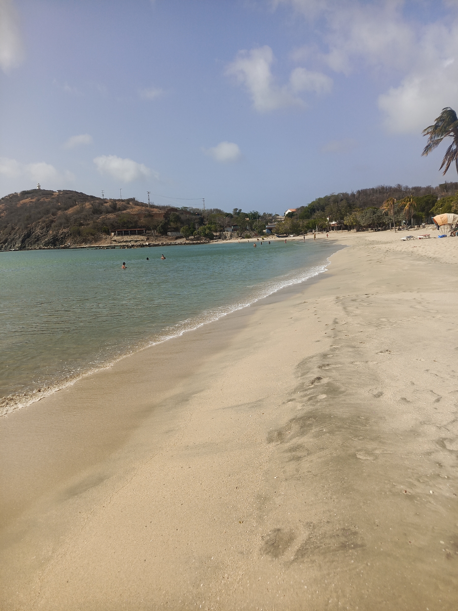 The image depicts a sandy beach scene in Pedro González, Venezuela, under a partly cloudy sky. The beach has beige sand with darker patches of wet sand closer to the waterline, where small waves are visible. In the water, several people are swimming or standing. The beach extends along a shoreline with a gently curving bay.
The backdrop features a hillside with sparse vegetation, and structures including buildings and utility poles are visible along the crest. To the right of the frame, palm trees stand on the beach, and sun loungers and a beach umbrella suggest a recreational area. Footprints are visible on the sand, indicating human activity.