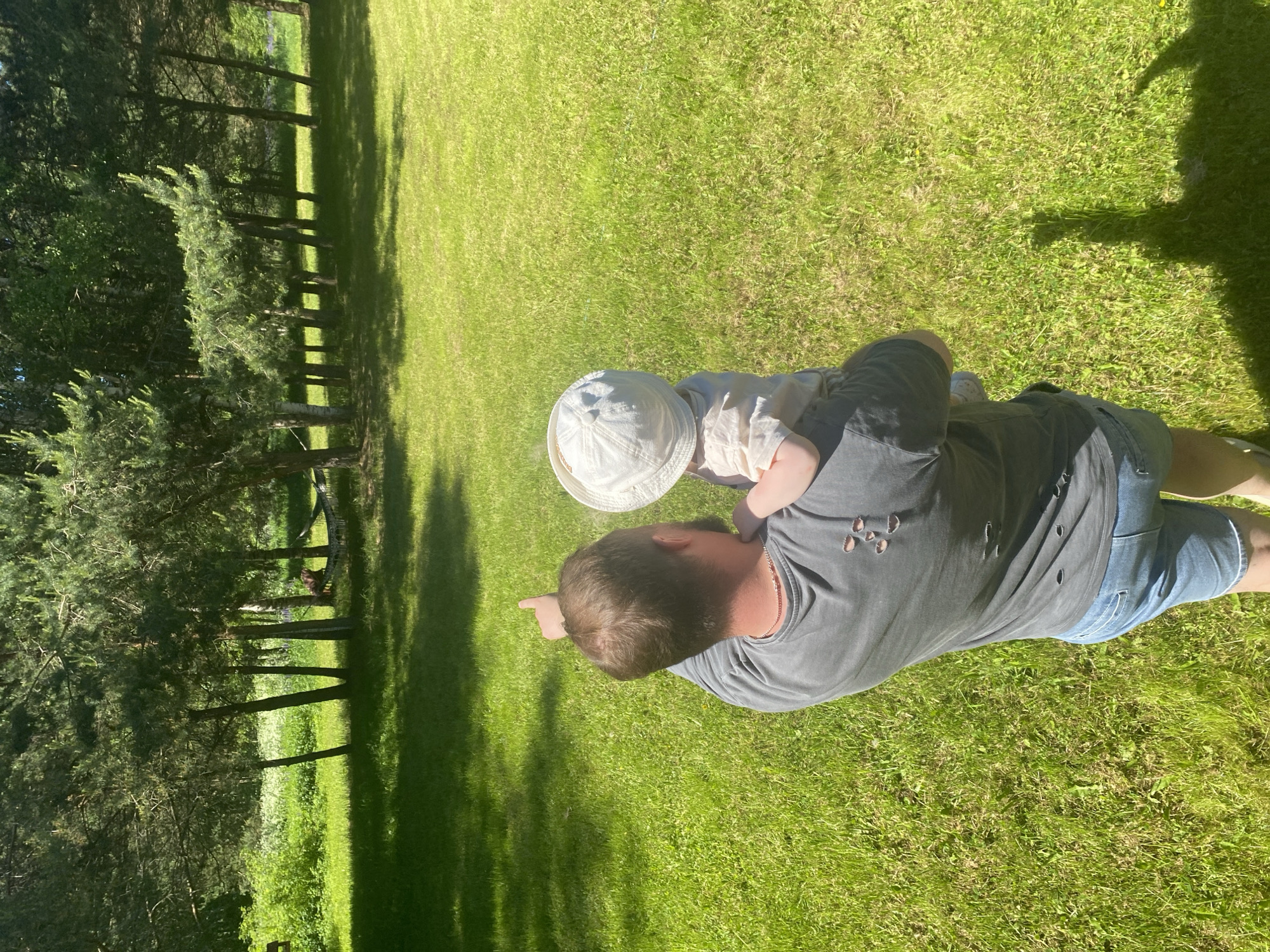 An outdoor scene in Копнино, Russia, under bright, direct sunlight. The foreground is dominated by a neatly maintained green grass lawn. An adult, viewed from the back and slightly angled to the left, stands in the center-left. This individual wears a dark gray t-shirt with visible distress and holes on the back, light blue denim shorts, and a rose gold or copper-colored chain around the neck. The adult's right arm is extended upwards and forward, with the index finger pointing into the distance. A small child, wearing a white bucket hat and a light-colored top, is seated on the adult's left shoulder, also facing away from the camera, seemingly observing the direction the adult is indicating.
In the background, a dense line of trees forms a natural barrier. These include both coniferous trees (appearing like pines) and deciduous trees, with lush green foliage and undergrowth beyond. Deep within the treeline, towards the right, a dark-colored hammock is suspended between two trees. Portions of shadows from unseen overhead elements and the subjects themselves are visible on the grass. The shadows of the adult and child are prominently cast on the grass in the lower right quadrant of the image.