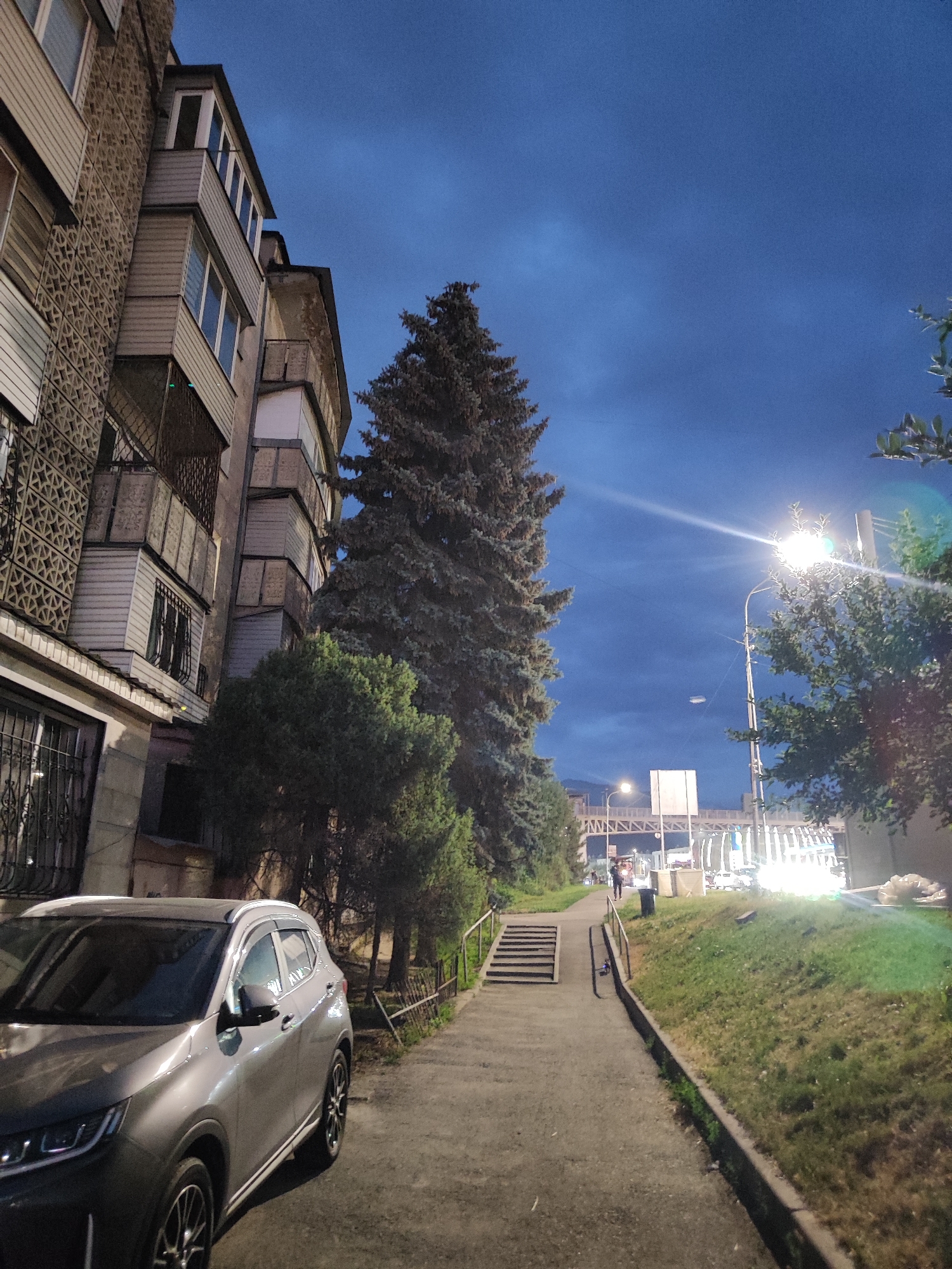 In Almaty, Kazakhstan, at dusk, a gray sedan is parked on the street next to a sidewalk leading up a set of stairs. An apartment building with balconies and ornate metalwork is to the left. A tall pine tree and other greenery are visible. In the background, a street lamp illuminates the path, with more lights and a bridge structure further in the distance. The sky is a deep blue, with some clouds.
