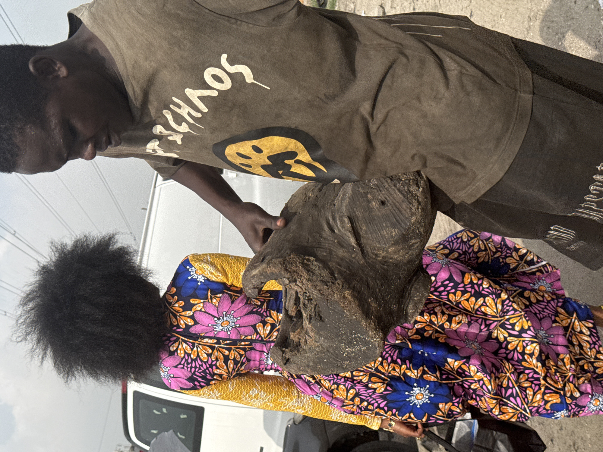 This outdoor, daytime photograph, taken in Ado, Nigeria, features two dark-skinned individuals collaboratively carrying a large, dark, irregularly shaped object, likely a piece of weathered wood or root.
On the left, a person, appearing male, is shown in profile looking downwards. He wears a plain brown short-sleeved t-shirt with white text across the chest that reads "CHAOS" and a yellow and black stylized smiley face logo beneath it. His arms and hands are engaged in supporting the large object.
On the right, a person, appearing female, is partially visible. She wears a vibrant, brightly patterned dress featuring large pink and blue flowers with orange leaves and stems on a dark background, with yellow accents. Her dark, voluminous textured hair is prominent. Her hands are also engaged in holding the object.
The object itself is substantial, dark brown, and appears to have a rough, textured surface, suggesting a natural origin like a tree stump or root system. The activity involves the two people jointly transporting this heavy item.
The background is softly blurred but reveals elements of an outdoor setting, including a light-colored vehicle, possibly a van or truck, and faint lines that could be power lines or structures against a bright, hazy sky. The ground appears to be concrete or pavement. The overall lighting indicates it is daytime. No strong emotions are discernible on the visible faces; both individuals appear focused on their task.