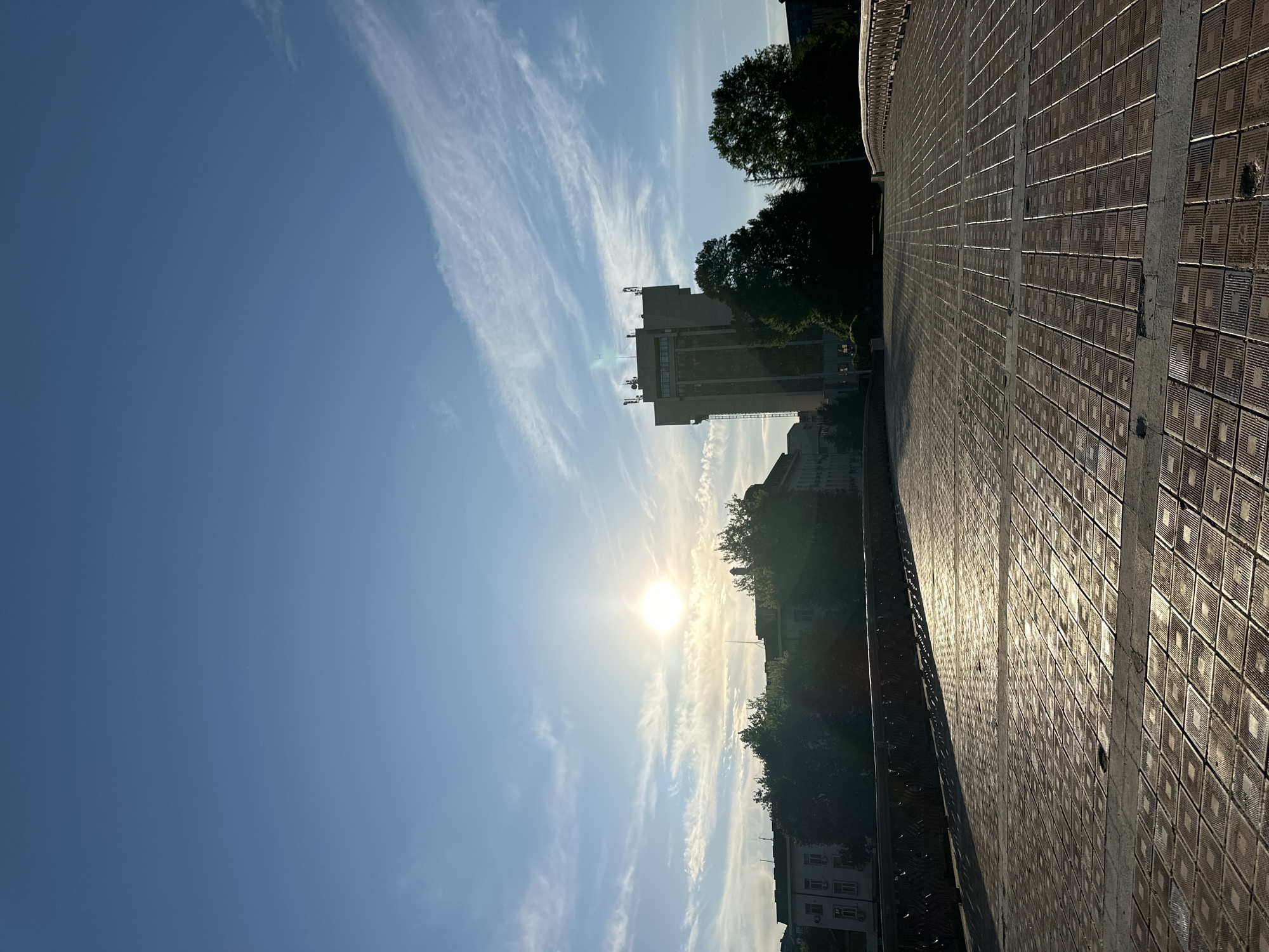 The image shows a cityscape in Lovech, Bulgaria, bathed in sunlight. A patterned sidewalk takes up the right side of the frame, reflecting the bright sun. To the left of the sidewalk is a railing and beyond that, trees, buildings, and the sky. The sun is situated in the lower center, shining through thin, wispy clouds. A tall building with communications equipment on top is visible among the trees. The sky is a clear blue above the clouds.