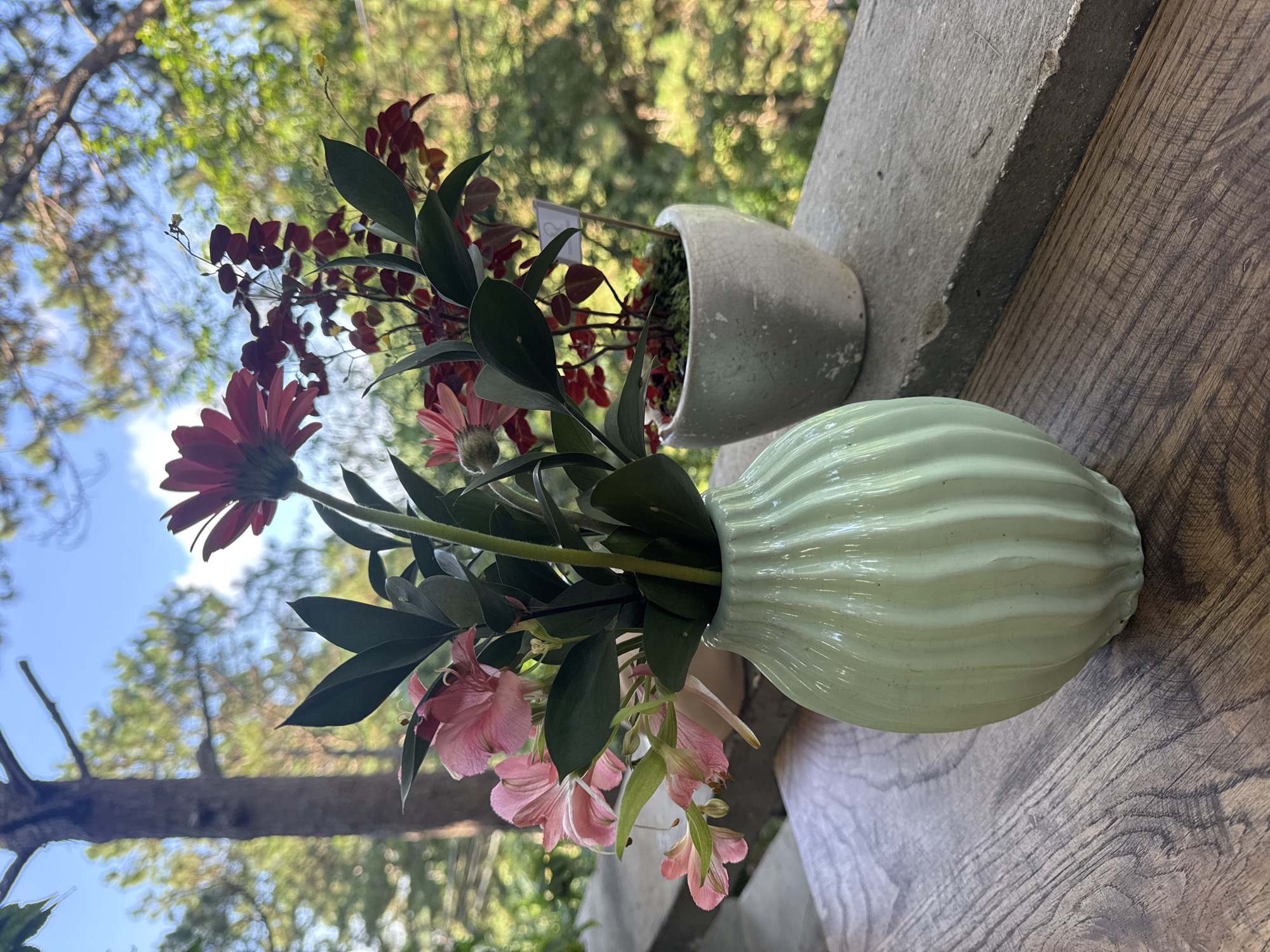 A close-up, eye-level shot shows a pale green, fluted ceramic vase containing a bouquet of pink and red flowers on a dark wood surface. Behind the vase, a small, light grey potted plant with dark red foliage sits on a weathered concrete ledge. The background is a blur of green foliage and blue sky, with a tall tree trunk visible to the left. This scene is likely on a balcony or outdoor seating area in Da Lat, Vietnam, given the common use of such potted plants and the mountainous, pine-filled landscape typical of the region.