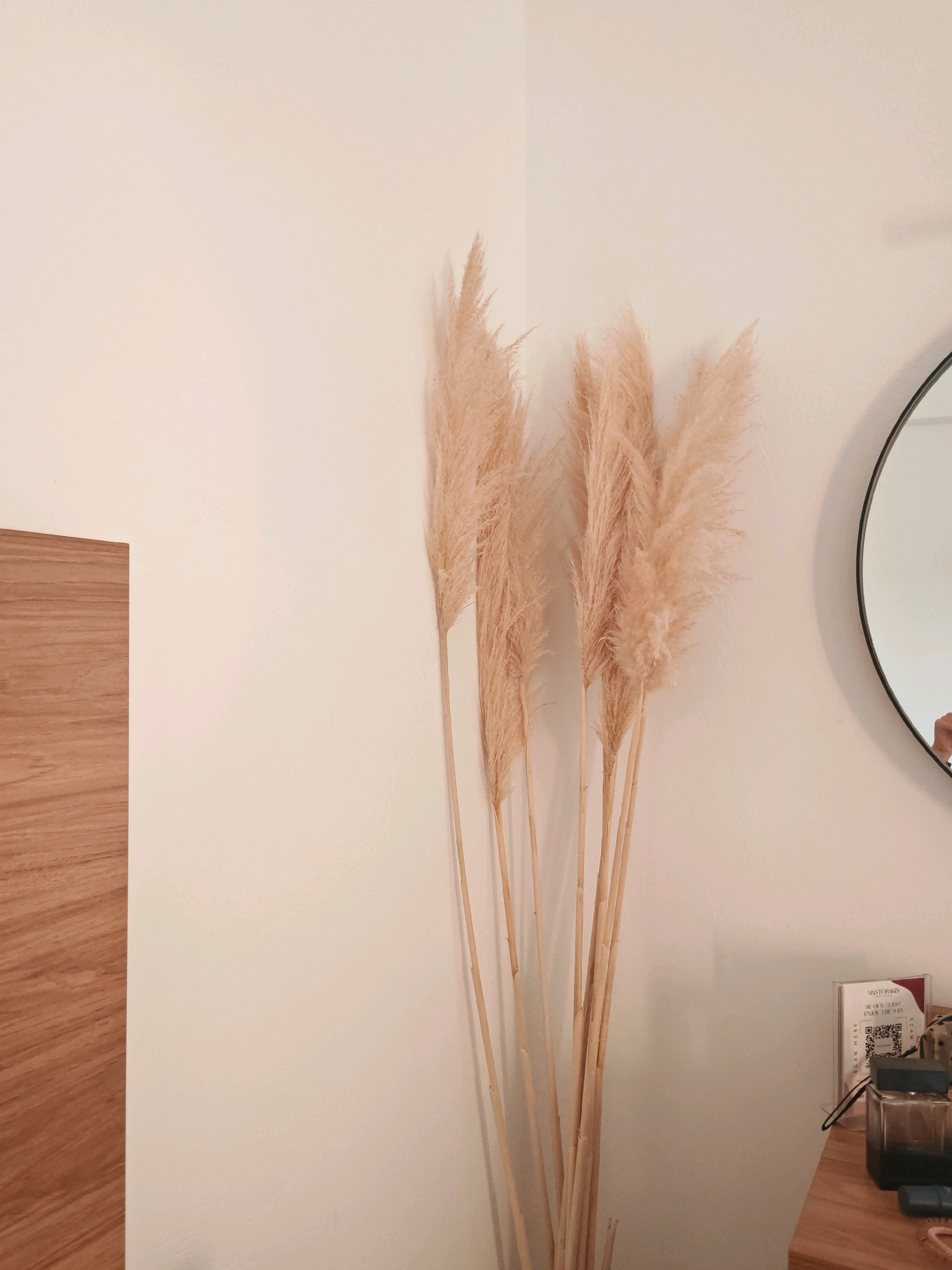 This image shows a still life arrangement in what appears to be a well-lit interior space. The primary subjects are a cluster of dried pampas grass stalks, standing tall against a light-colored wall. The grass is a soft, neutral beige color with feathery plumes. To the left of the pampas grass, a portion of a wooden surface, likely a door or furniture, is visible with a distinct wood grain.
To the right of the pampas grass, a round black-framed mirror hangs on the wall, reflecting a hint of the room, including what seems to be a hand holding a phone. Below the mirror, on a wooden surface that suggests a table or countertop, there are several objects. These include a small clear sign with text and a QR code, a dark glass bottle that resembles a perfume or cologne bottle, and a small blue object.
The lighting suggests it is daytime, with soft, even illumination, casting subtle shadows from the pampas grass. The overall mood is calm and minimalist, emphasizing natural textures and muted tones. The presence of the sign with a QR code and the mirror suggests a domestic or hospitality setting, possibly a hotel room or a stylish home. There is no clear indication of any specific activity taking place, as the scene is static. The text on the sign is partially legible and appears to be related to "Vastoria" and offers a "Scan Here Enjoy the Wifi" message. The location context of Chersonisos Municipal Unit, Greece, provides a geographical reference for this indoor scene.