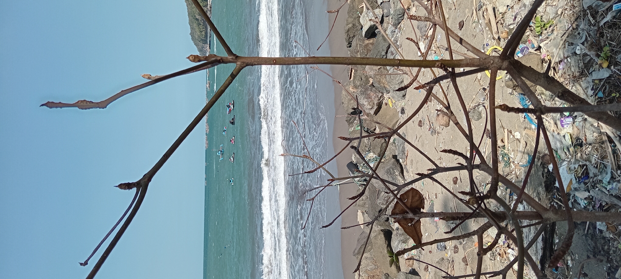 The image depicts a beach scene in Desa Pagandaran, Indonesia. In the foreground, a bare tree with thin branches partially obscures the view of the beach and the ocean. The beach itself is rocky and littered with various types of trash, including plastic bags, containers, and netting. In the middle ground, the ocean is visible with moderate waves breaking on the shore. Several small boats, some appearing to be jet skis, are scattered across the water. In the background, the coastline continues, with a hill covered in vegetation visible on the right side. The sky is clear and blue.