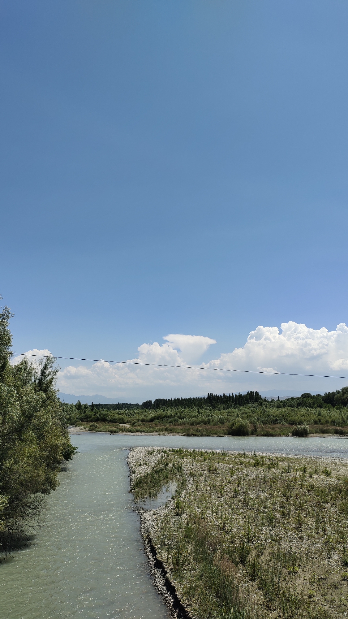 This is a full-frame, vertically oriented, outdoor photograph taken on a clear day in the city of Taldykorgan, Kazakhstan. The scene depicts a wide, shallow river flowing from left to right across the frame. The riverbed is visible in parts, revealing a mixture of grey stones and sparse green vegetation. On the right bank of the river, a rocky, pebbly shore is sparsely covered with green plants and grasses. The water itself appears murky and light blue-green in color.
The left bank of the river is lined with lush green trees, with branches extending towards the water. In the background, beyond the river, a dense line of dark green trees forms a treeline. Further in the distance, rolling hills can be seen against the horizon, with a hazy sky above.
The sky is a vibrant, clear blue, taking up approximately two-thirds of the frame. A few white, puffy cumulus clouds are scattered across the upper portion of the sky, with larger, more prominent clouds on the right side. A thin black wire, likely a power line, stretches horizontally across the middle ground, just above the treeline. There are no people or animals visible in the image. The overall impression is a natural, undeveloped landscape.