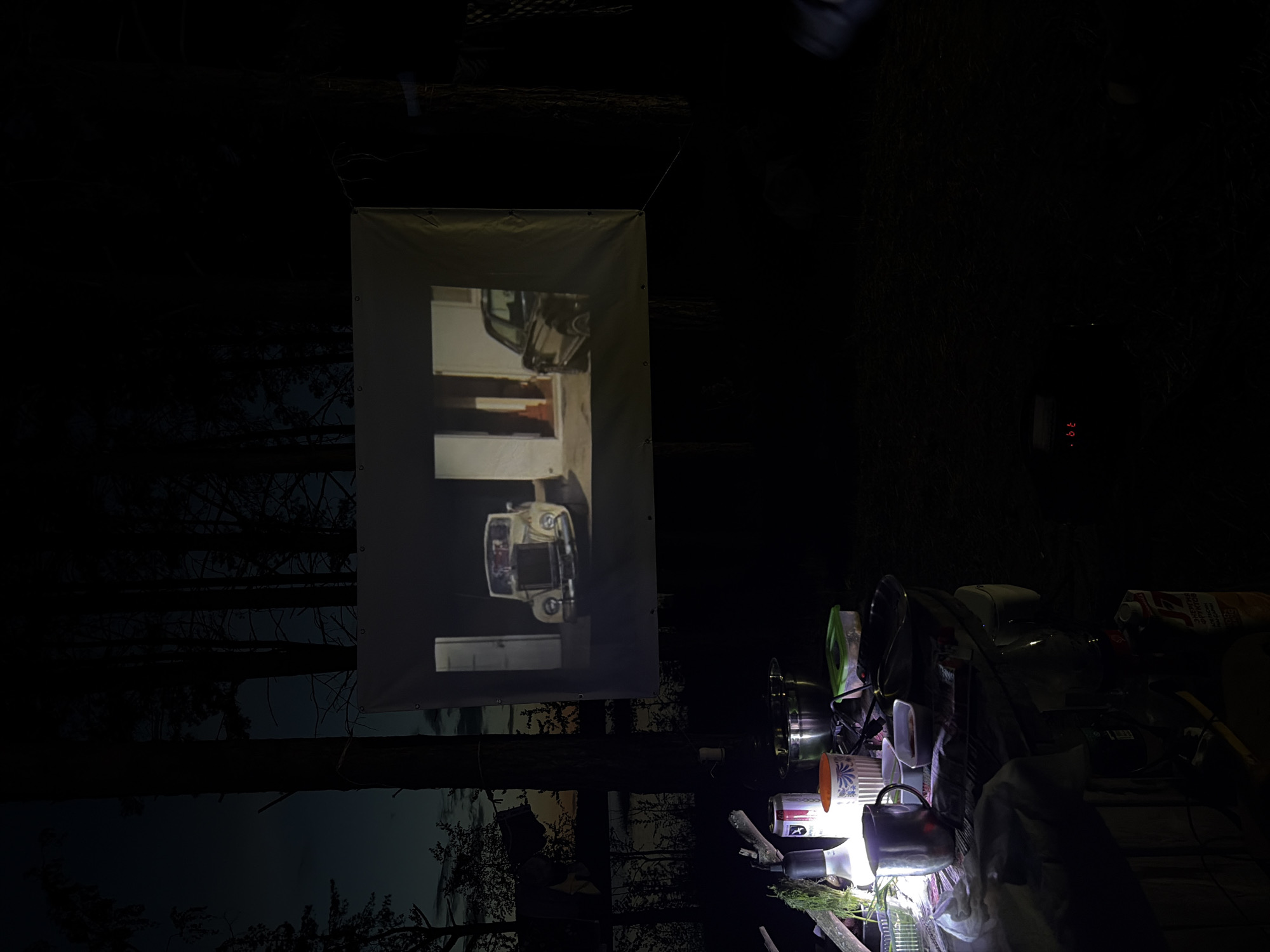 The image depicts an outdoor scene at night, possibly in a forested area near Zabegaevo, Russia. A rectangular screen hangs suspended, displaying a projection of a vintage car parked in a residential setting. To the right of the screen is a cluttered surface with various objects including pots, pans, cups, cans, and containers. A light source illuminates the objects on the surface. The background consists of dark trees and foliage, suggesting a wooded environment. A small red display with the number 39 is vaguely visible.