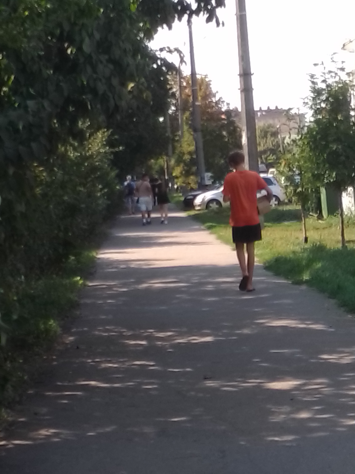 A boy in an orange t-shirt and black shorts walks away from the camera on a paved sidewalk. He is carrying a light brown box. The sidewalk is shaded by trees on the left and right. In the background, there are a few people walking on the sidewalk, and a white car is parked on the right side of the road. The scene appears to be a sunny day, with dappled sunlight on the sidewalk. The location is likely a residential area in Poltava, Ukraine, given the trees lining the street and the style of buildings visible in the distance.