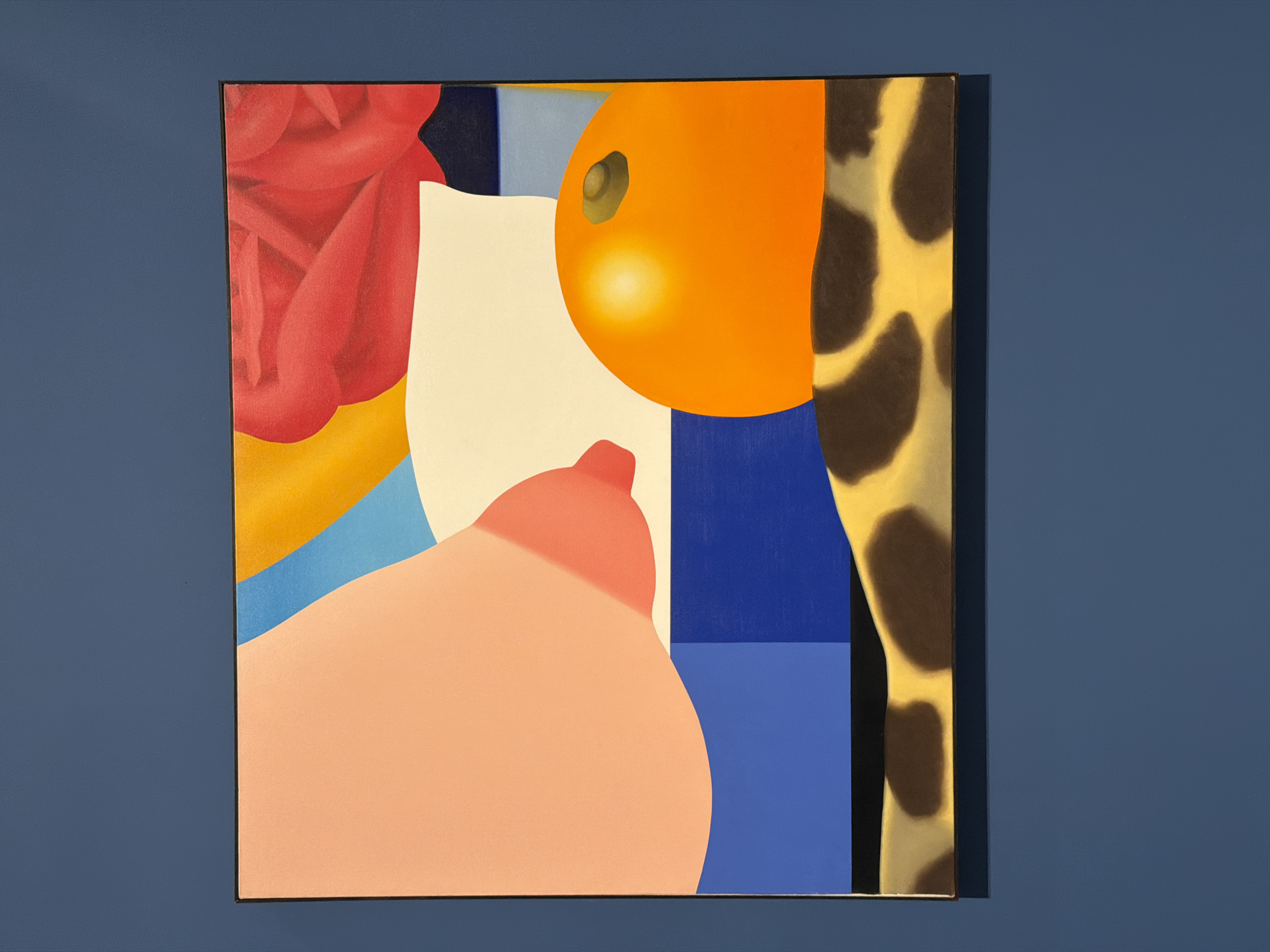 The image shows a painting on a dark blue wall. The painting is a still life with abstract elements. In the foreground, there is a representation of a giraffe's patterned hide. Above this, there is a bright orange sphere with a dark stem-like protrusion on top, possibly representing a piece of fruit like an orange. To the left of the orange, there is a large, smooth, pink form with a rounded shape and a nipple-like protrusion, suggestive of a breast. Behind these elements, there are blocks of color, including bright blue and a white shape. In the upper right corner, there is a large, red, petal-like form, resembling a rose. The background behind the painting is a solid dark blue wall.
The location of this painting is within the Tel Aviv Museum of Art.