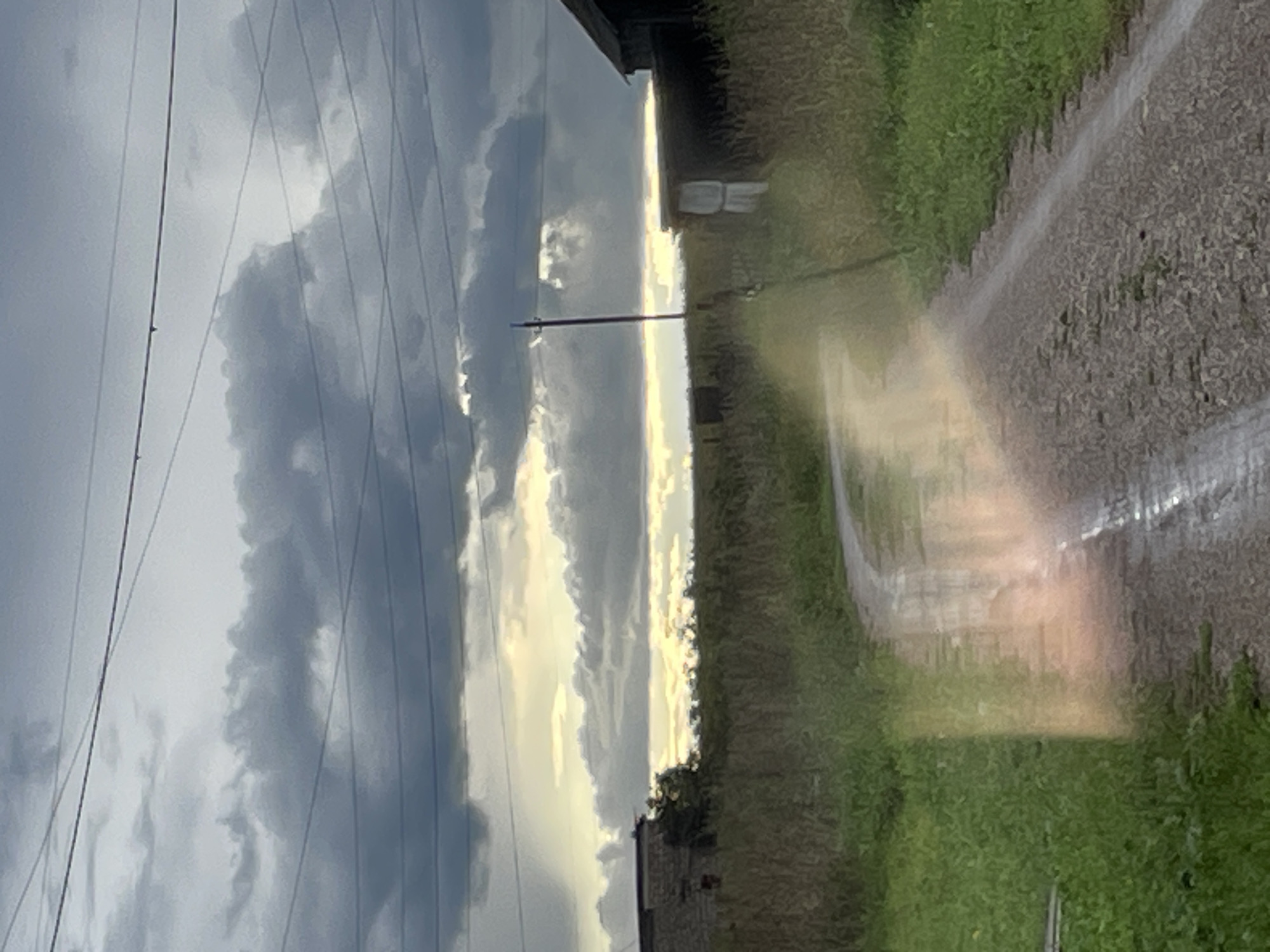 The image depicts a rural scene in Panteleevka, Russia, under a cloudy sky. A dirt road curves through a grassy field, with a building visible on the left and a dark structure on the right. Overhead, power lines crisscross the sky. The road appears wet, reflecting the sky and creating a shimmering effect. A utility pole stands near the right side of the road. The vegetation is green and somewhat overgrown. The overall atmosphere is subdued, possibly due to the weather.