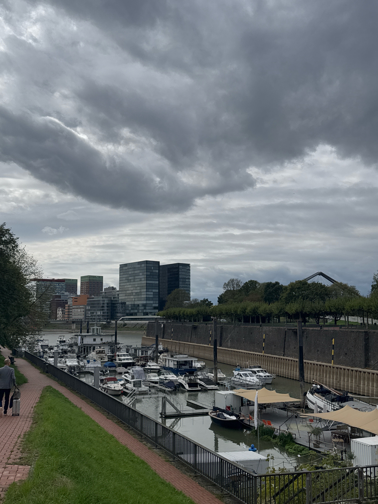 This is a medium shot, captured from a slightly elevated angle, of the Rhine River harbor in Düsseldorf, Germany. The sky is overcast with heavy, gray clouds. In the foreground, a brick walkway lines the river, with a strip of green grass to its left. A man in a grey suit and dark pants, carrying a briefcase and a rolling suitcase, walks away from the camera on the walkway.
To the right of the walkway is a metal fence separating it from the river and the marina. The marina is filled with numerous boats of various sizes, docked in the water. Some boats are white with dark trim, while others are darker in color. Several boats have tan awnings providing shade. The riverbank is lined with a dark, textured wall.
In the background, across the river, a cityscape of modern buildings is visible. Two prominent dark glass skyscrapers stand out, flanked by other buildings with brick and glass facades. Beyond the buildings, a distinctive bridge structure with a single arch is visible in the distance. A line of trees with green foliage runs along the riverbank in the background, partially obscuring some of the buildings. The scene suggests a cool, possibly damp day in an urban harbor setting.