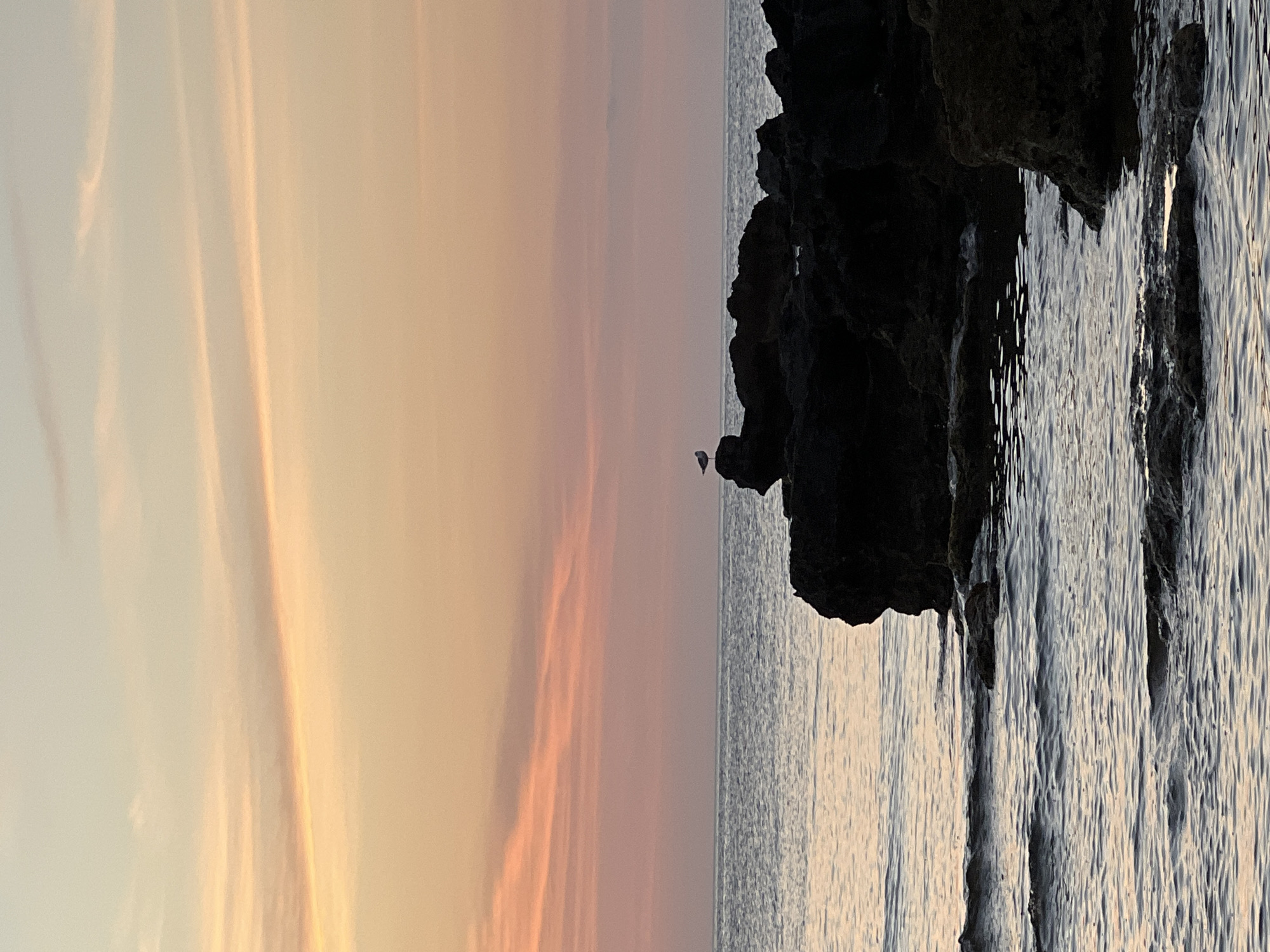 A vertical, wide shot captures a tranquil seascape at dusk. The left side of the frame is dominated by a soft, gradient sky, transitioning from a pale, peachy orange at the bottom to a light, rosy pink and finally a muted lavender at the top. Wispy clouds streak vertically across the sky, illuminated by the fading sunlight.
On the right, a dark, jagged rock formation juts out into the water, silhouetted against the sky. Below the rock, the sea is calm, with gentle ripples reflecting the soft colors of the sky. The water's surface is textured with numerous small, light-colored streaks, suggesting a subtle movement and the play of light.
A small, white bird is perched on the edge of the rock, its silhouette clearly visible against the calmer sea and sky. The overall mood is peaceful and serene, evoking a sense of calm at the end of the day. The scene appears to be a natural coastal setting, likely a rocky shoreline. The time of day is clearly sunset or twilight, indicated by the warm, soft lighting and the gradient of colors in the sky. There is no visible text in the image.