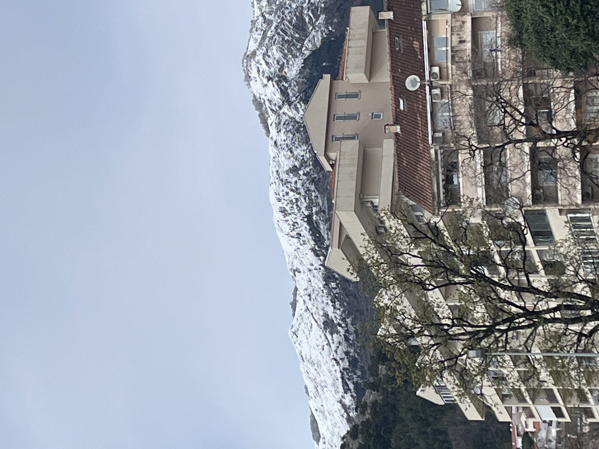 The image displays a mountainous urban landscape in Budva, Montenegro, under an overcast, pale grey sky. A prominent mountain range with snow-capped peaks occupies the background, its lower slopes covered in dark green coniferous forest. In the mid-ground, a multi-story, modern building with a light beige facade and terraced balconies is visible on the left. Adjacent to it on the right, a lighter beige building features a distinct A-frame-style uppermost section with three narrow vertical windows and a single small square window. In the foreground, a multi-story building with a red-tiled roof, faded beige facade, multiple windows, balconies, several external air conditioning units, and two satellite dishes is partially obscured by deciduous trees with bare branches. A street light pole is visible through the tree branches in the left-center foreground. No individuals are present in the scene.