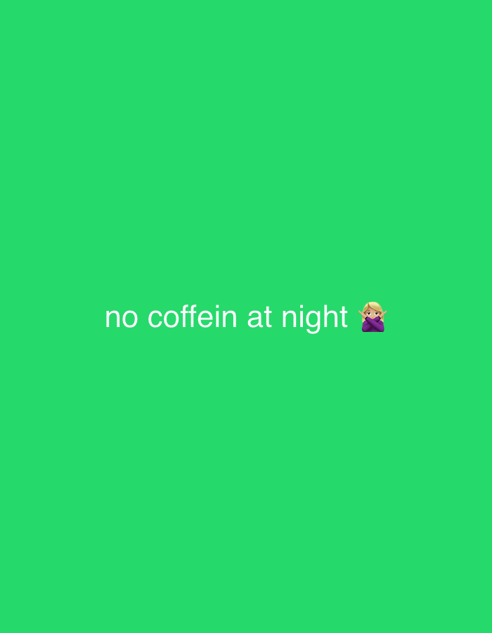 The image features white text on a green background that reads "no coffein at night." To the right of the text is a sleeping elf emoji with crossed arms. The elf has pointy ears, blond hair, fair skin, and is wearing a purple outfit.