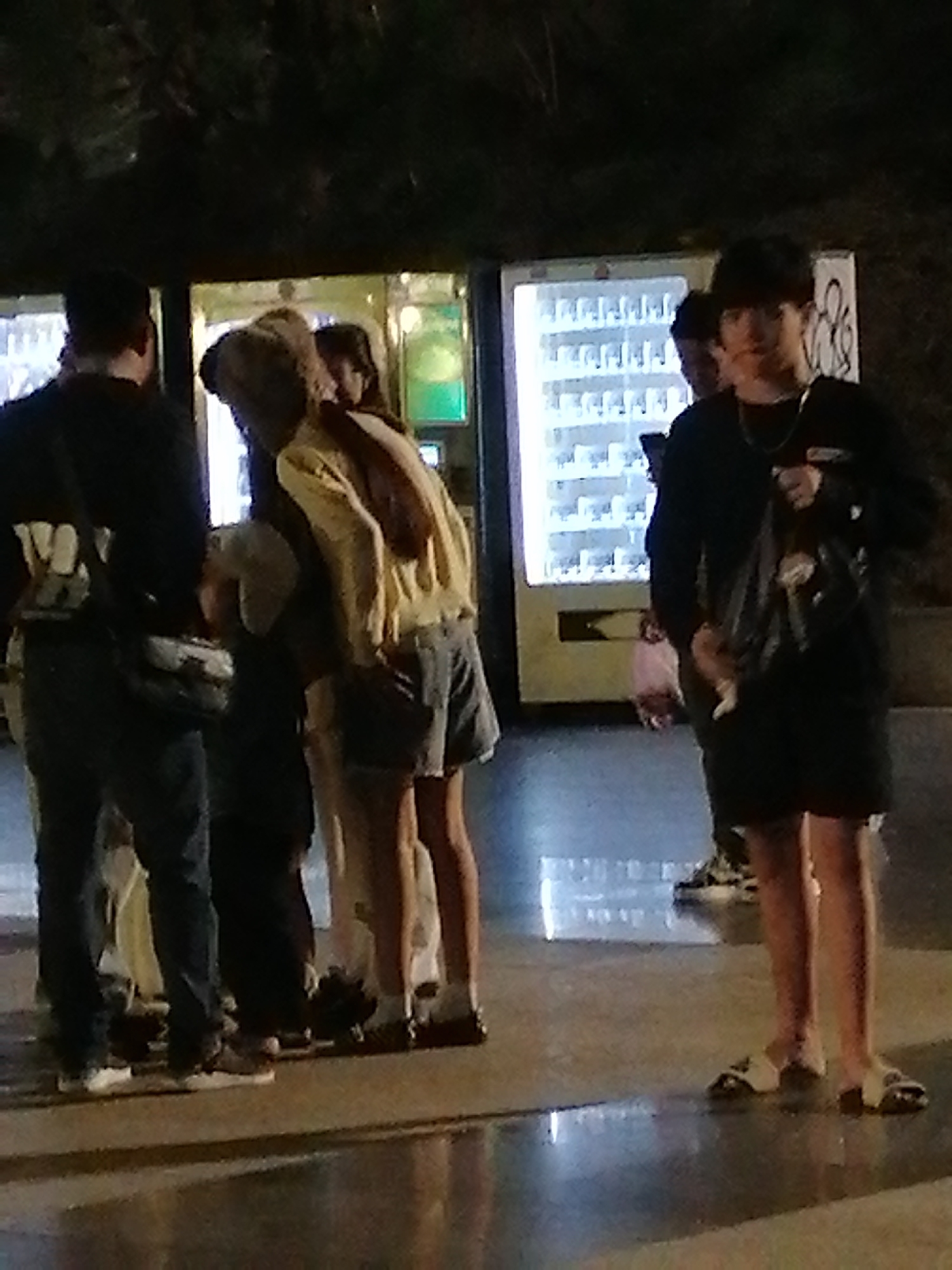 The image depicts a group of young adults standing in front of several illuminated vending machines. The environment appears to be outdoors, possibly a public area or a tourist spot at night, given the artificial lighting from the machines and the dark background suggestive of foliage or night sky.
In the foreground, a young male wearing a black t-shirt, black shorts, and white sandals is standing and looking towards the camera. He has dark hair and is holding a black bag over his shoulder. To his left, a young female wearing a light-colored hooded jacket and denim shorts is partially visible, facing away from the camera and appearing to interact with the vending machine. Another individual, a young male in a black shirt and jeans, stands to the far left, facing away from the camera. Behind the female in the hooded jacket, other individuals are present but their features are less distinct. The vending machines are modern and well-lit, displaying various products. The ground is paved and appears wet, reflecting the lights.
While the image itself does not contain any explicit visual cues pointing to Da Lat, Vietnam, the presence of numerous vending machines in a public, outdoor setting at night is a common sight in urban areas worldwide, including tourist destinations like Da Lat. These machines could be dispensing snacks, drinks, or other convenience items. The overall atmosphere suggests a casual, social gathering.