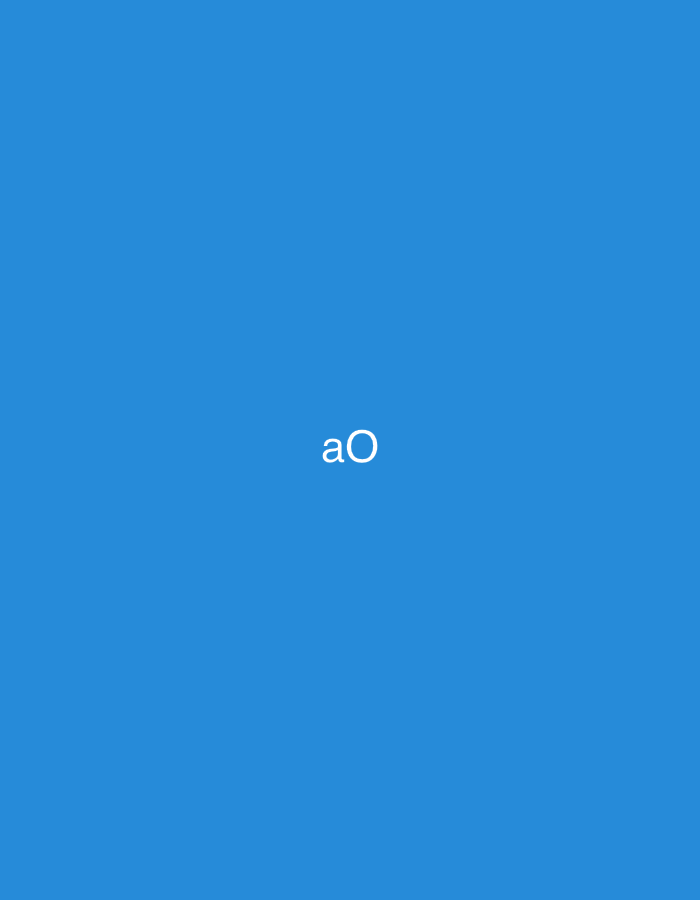 The image displays a flat, uniform blue background, specifically a shade of sky blue. Centrally positioned on this background are two white characters: a lowercase 'a' immediately followed by an uppercase 'O'. The characters are rendered in a sans-serif typeface and are the sole visible subjects in the frame. There are no other discernible objects, people, actions, or environmental details within the image. Based on the visual information provided, a location in the city of Casablanca, Morocco, or any other specific geographical location, cannot be determined.