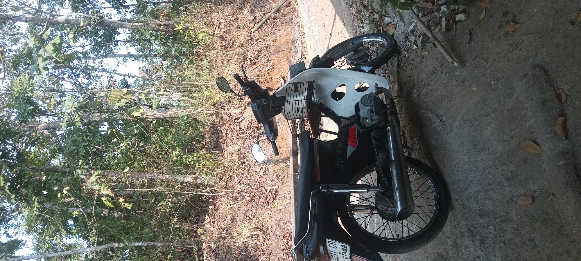 The image shows a black and white motorcycle parked on a concrete surface next to a dirt road. The motorcycle has a black seat, a black front fairing, and a white front panel with circular cutouts. A metal basket is attached to the front of the motorcycle. The motorcycle's license plate reads "4331 GB 07 28". Behind the motorcycle is a wooded area with trees and dry leaves on the ground. The scene appears to be in a rural or semi-rural location.