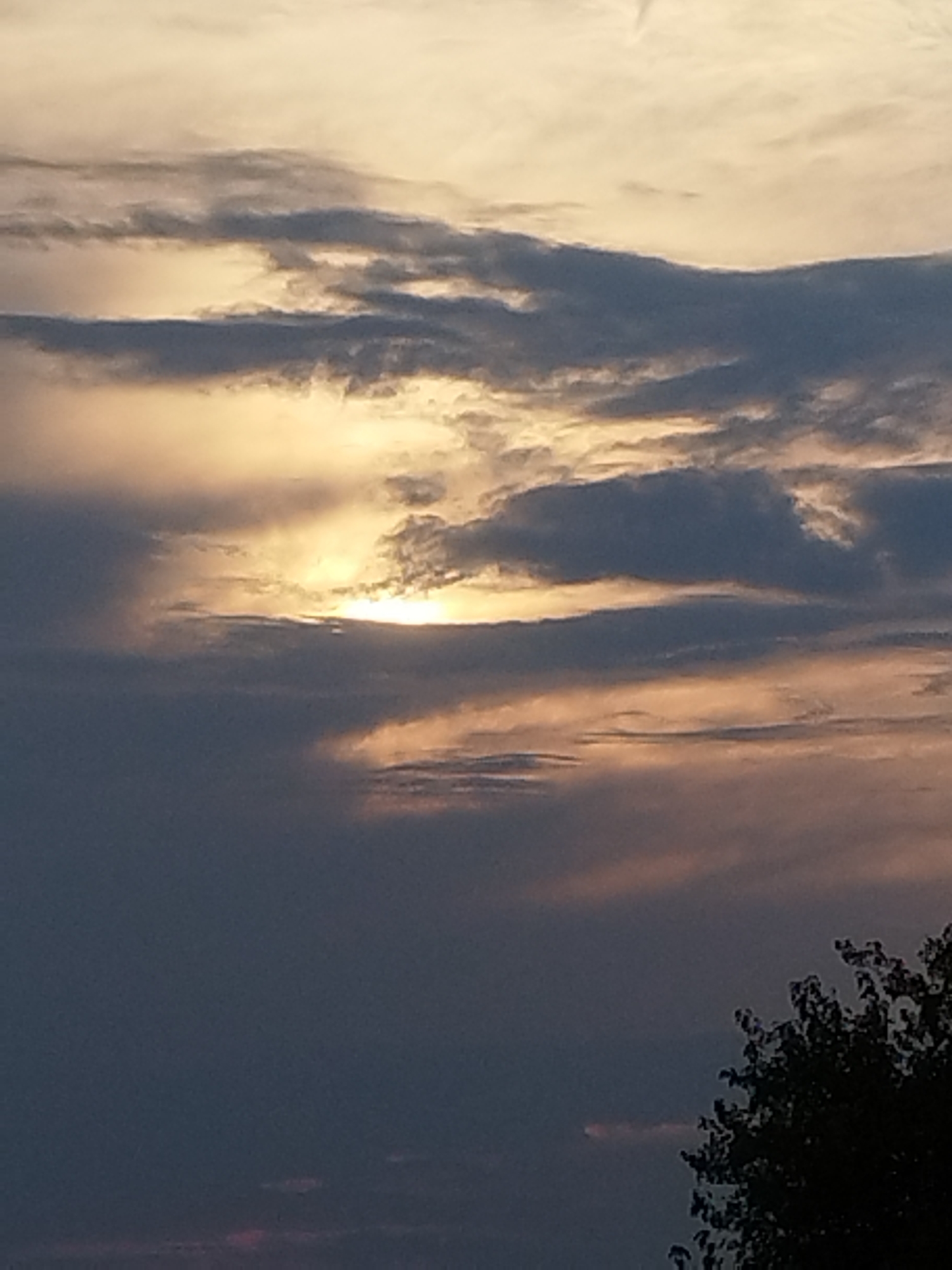 The image shows a cloudy sky with the sun peeking through the clouds. The sun is a bright yellow and is surrounded by orange and gray clouds. The clouds are layered and appear to be moving. The sky is a mix of light and dark colors, with the top of the sky being a light yellow and the bottom of the sky being a dark gray. There is a tree in the bottom right corner of the image. The image appears to be taken at sunset or sunrise. The location is unknown.