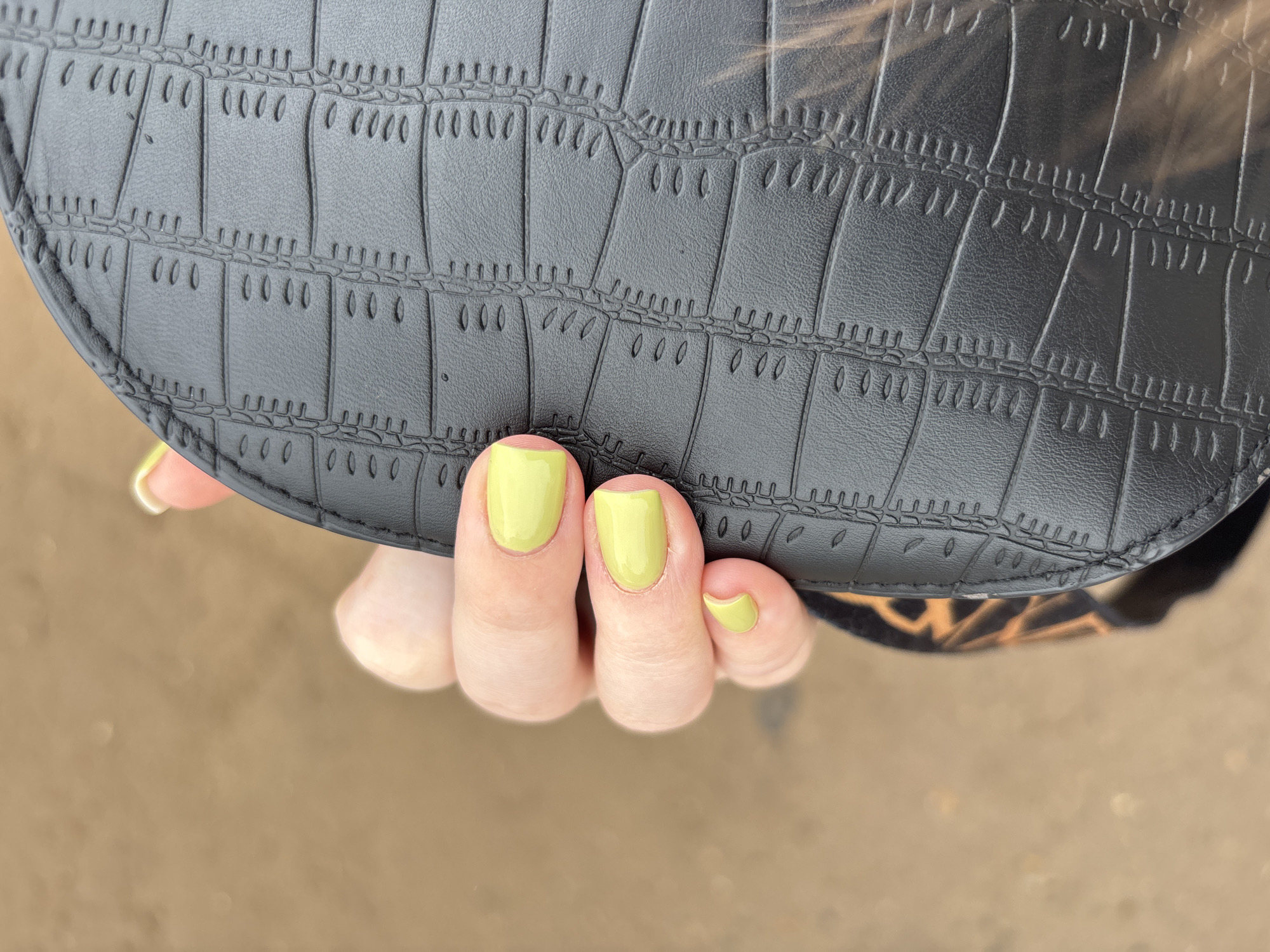 A person's hand is holding a black handbag with a crocodile-skin texture. The person's fingernails are painted a light, pastel green color. The background appears to be a blurry ground surface. No location information about Chaikovsky, Russia is available in the image.