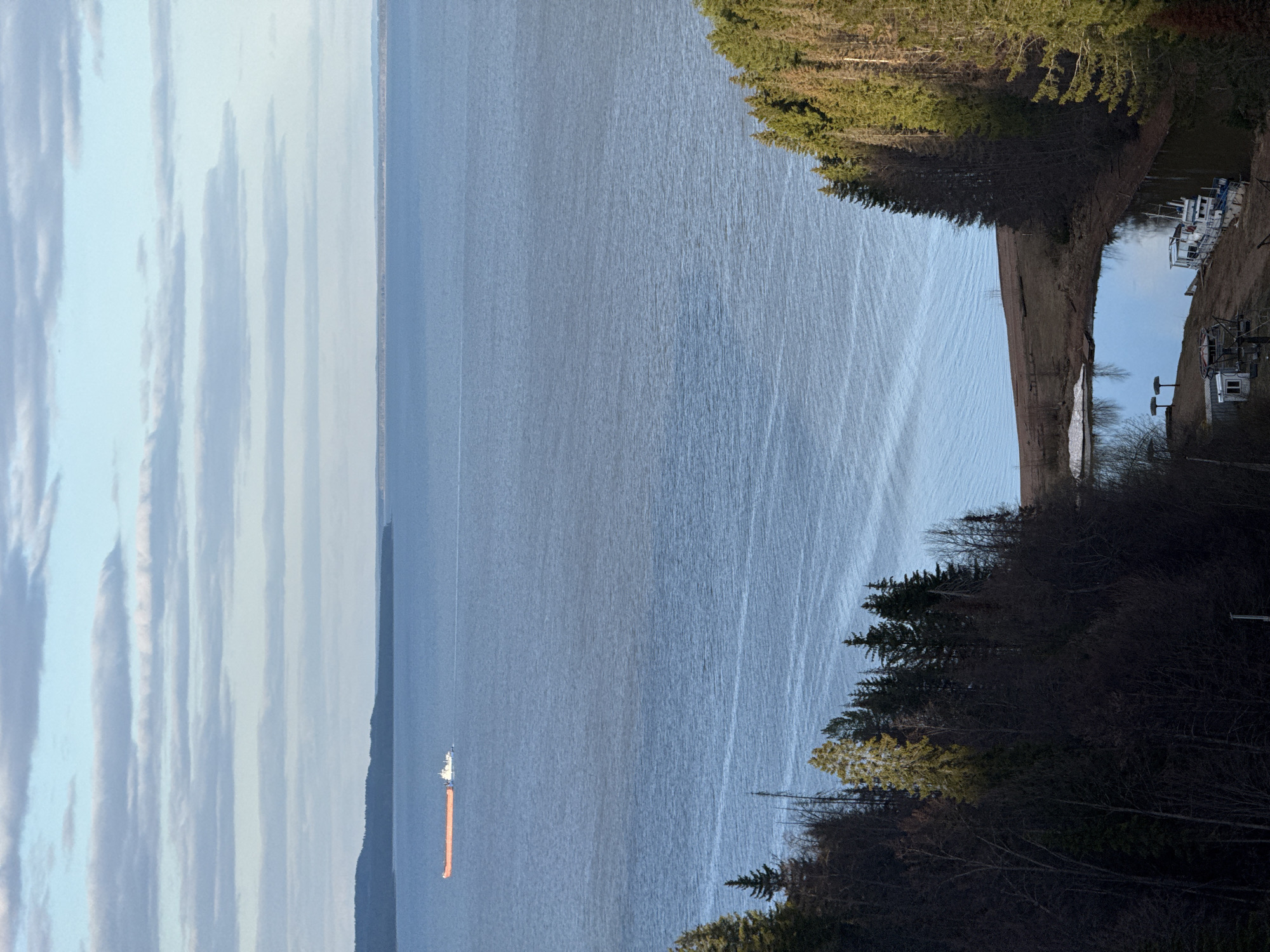 The image shows a body of water with a ship in the distance. The shoreline is visible on the right side of the frame, with trees and vegetation present. A small inlet or channel with boats moored along the side is present in the upper right corner of the image. The sky is cloudy. The location is likely Galevo, Russia.