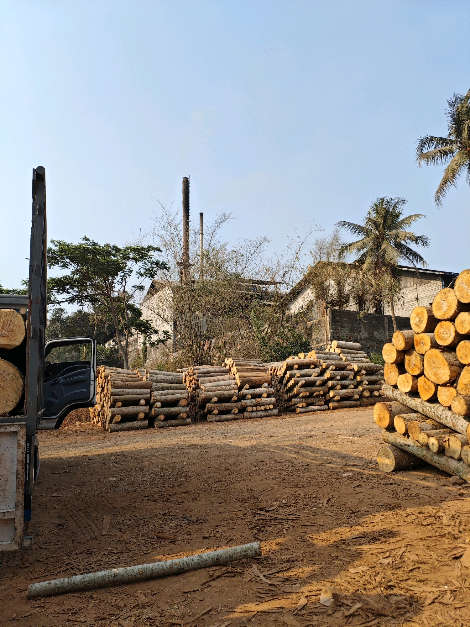This is a daylight, eye-level, medium shot of a lumber yard in Penundan, Indonesia. In the foreground, a truck is parked on the left, its side open and loaded with large, cut logs. The ground is composed of dirt and wood shavings. Piles of cut logs are stacked neatly in rows in the mid-ground and right side of the image. Behind the logs, a building with a light-colored facade and a dark roof is visible, with several tall industrial chimneys rising behind it. Lush green trees and palm trees surround the building and extend into the background. The sky is clear and light blue. There are no people visible in the scene.