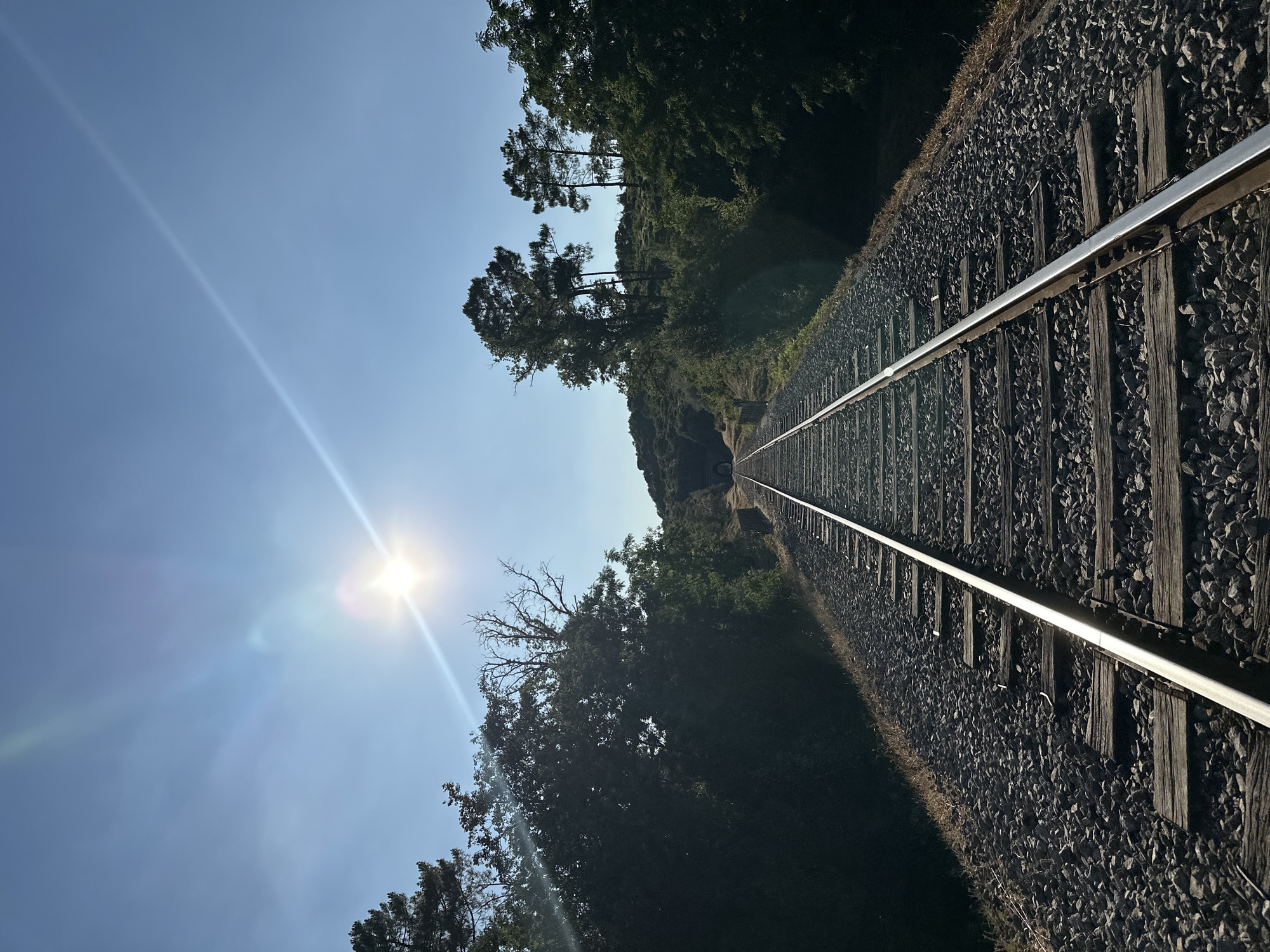 An outdoor, eye-level shot captures a railway track leading towards a tunnel entrance. The track is made of gravel and wooden sleepers, with two parallel metal rails extending into the distance. On either side of the track, dense green foliage and trees line the path, with some taller trees silhouetted against the sky. The sky is a clear, bright blue with the sun prominently visible, casting lens flares and a bright beam of light across the upper portion of the image. The tunnel entrance, a dark archway, is visible at the end of the track, framed by the surrounding trees and hillside. The scene appears to be situated in a rural or natural setting, possibly on the outskirts of Générargues, France, given the description of the tunnel and the natural landscape. There are no people or animals visible in the image.