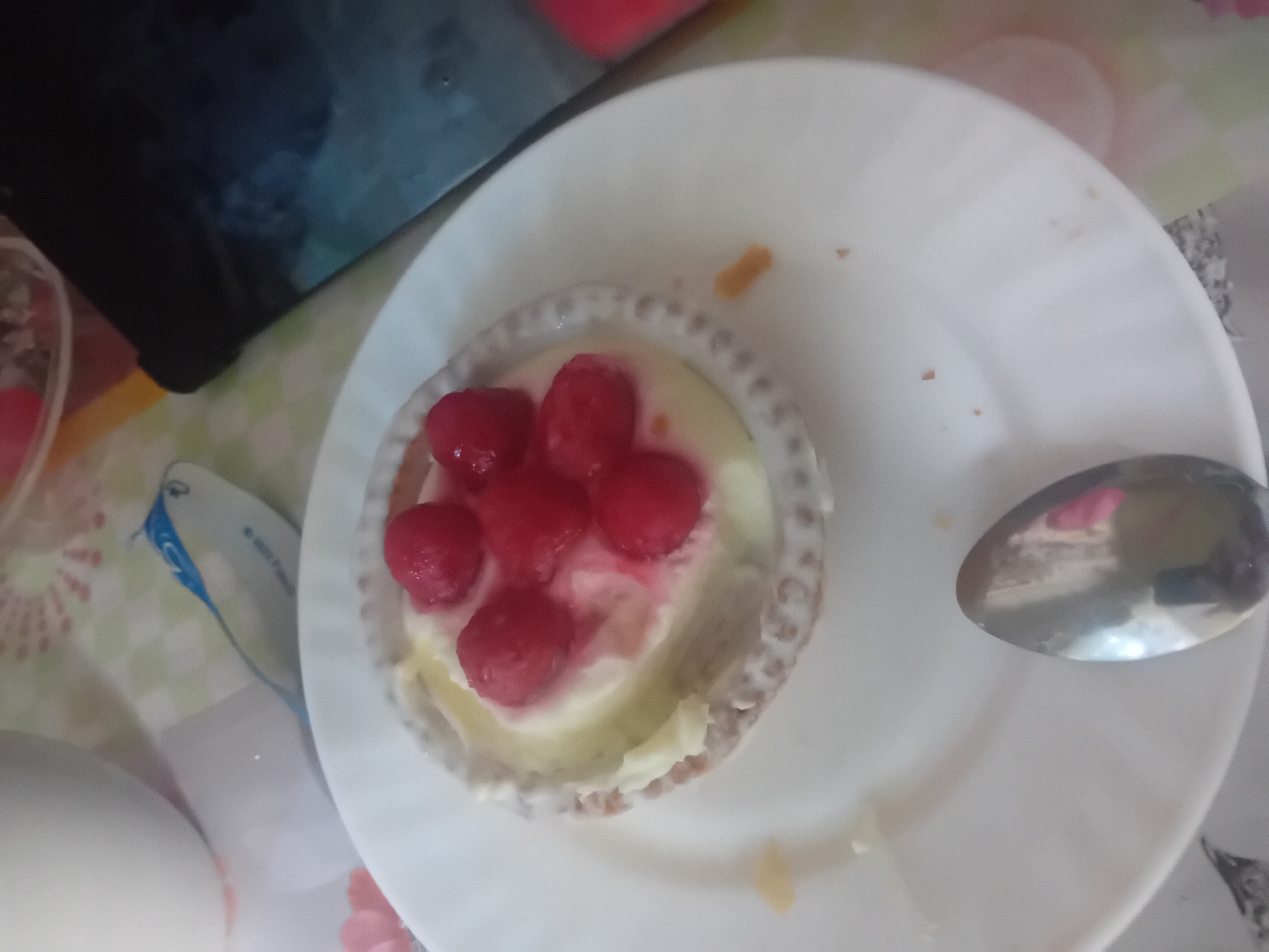 The image shows a close-up of a white plate with a single tartlet topped with custard and red berries, possibly raspberries. The tartlet is in the center of the plate. To the right of the tartlet, partially visible, is a black object that resembles a smartphone or tablet. A spoon lies on the plate below the tartlet. The background is blurred, showing a checkered tablecloth in pale green and pink. There is no discernible indication of the city of Chuhuiv, Ukraine, or any other specific location. The scene depicts a simple dessert setting, with no people present.