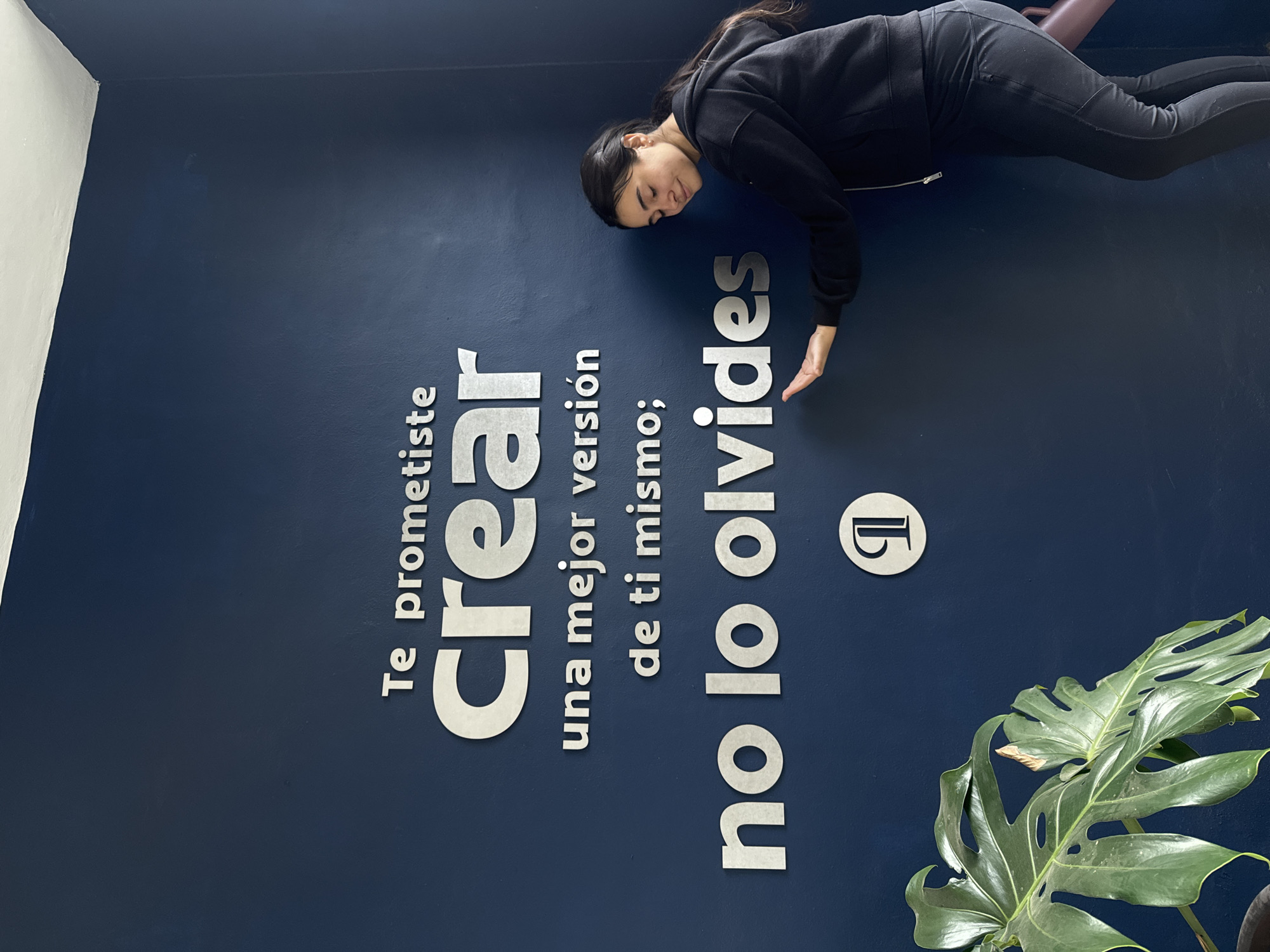 An indoor scene features a young woman creatively posing against a dark blue accent wall. She lies horizontally along the wall, appearing to float or rest, with her head tilted, eyes closed, and a serene expression. She has long dark hair and is dressed in a black hoodie and black pants. Her left hand rests gently on the wall near some of the text.
The dark blue wall is adorned with prominent white, three-dimensional Spanish text. The text reads: "Te prometiste crear una mejor versión de ti mismo; no lo olvides," which translates to "You promised yourself to create a better version of yourself; don't forget it." Below the phrase "no lo olvides," a circular emblem displays a stylized letter, possibly a 'G' or 'P'.
A large, vibrant green houseplant, resembling a Monstera, with distinctive split leaves, is visible in the bottom right corner of the frame. A clean white wall or corner is present on the far left. The lighting is bright and even, indicating daytime. The woman's contemplative pose combined with the inspirational message on the wall creates a calm and reflective mood. The Spanish text is consistent with the location context of Puebla, Mexico.