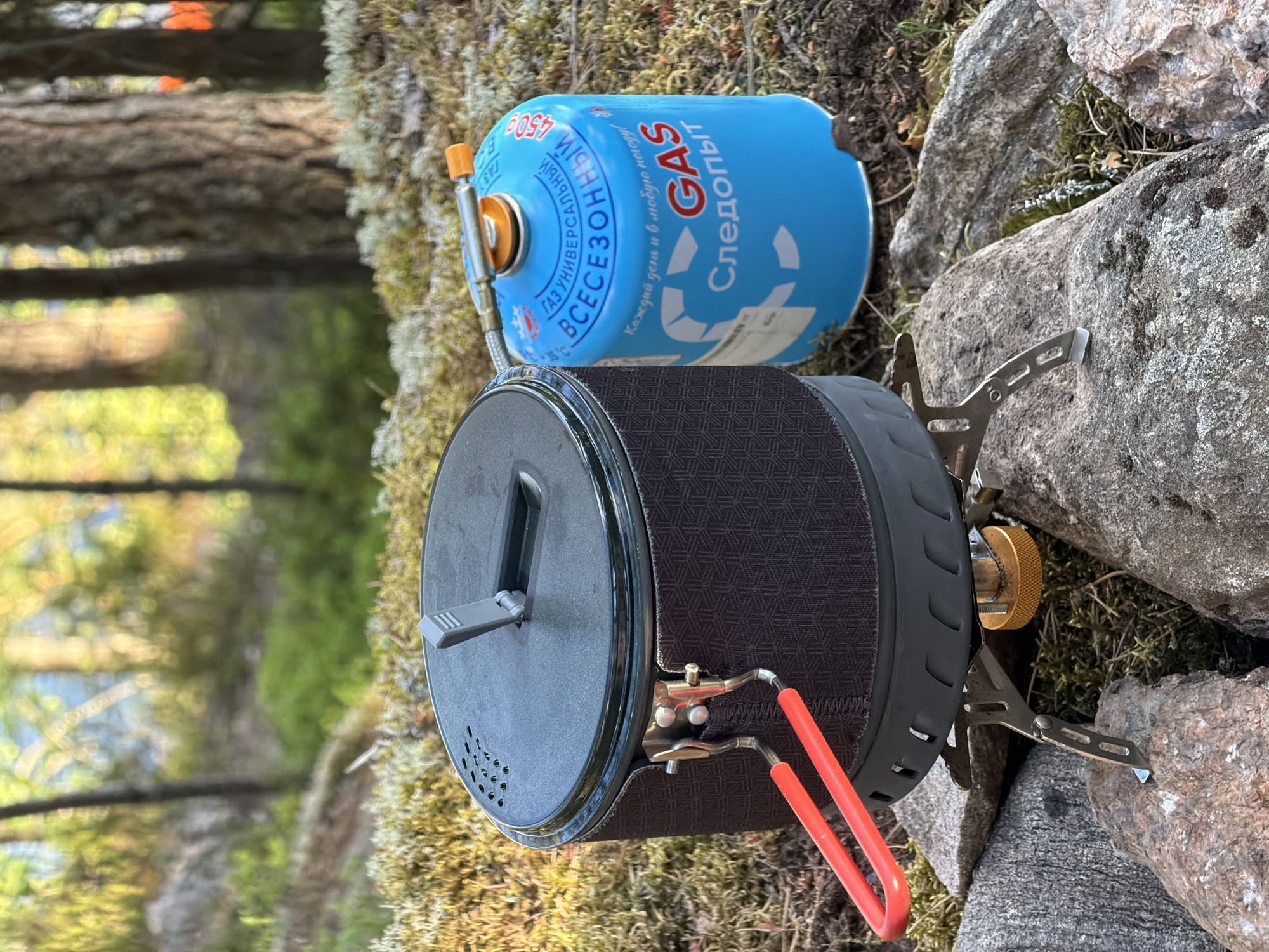 A camping stove with a blue gas canister sits on mossy ground and rocks, surrounded by trees in a forest. The stove is equipped with a pot with red handles and a black lid. The gas canister is labeled "GAS Следопыт" and "ВСЕСЕЗОННЫЙ." The scene appears to be in a natural, outdoor environment, possibly in the city of Ruch'i, Russia, given the presence of coniferous trees and moss.