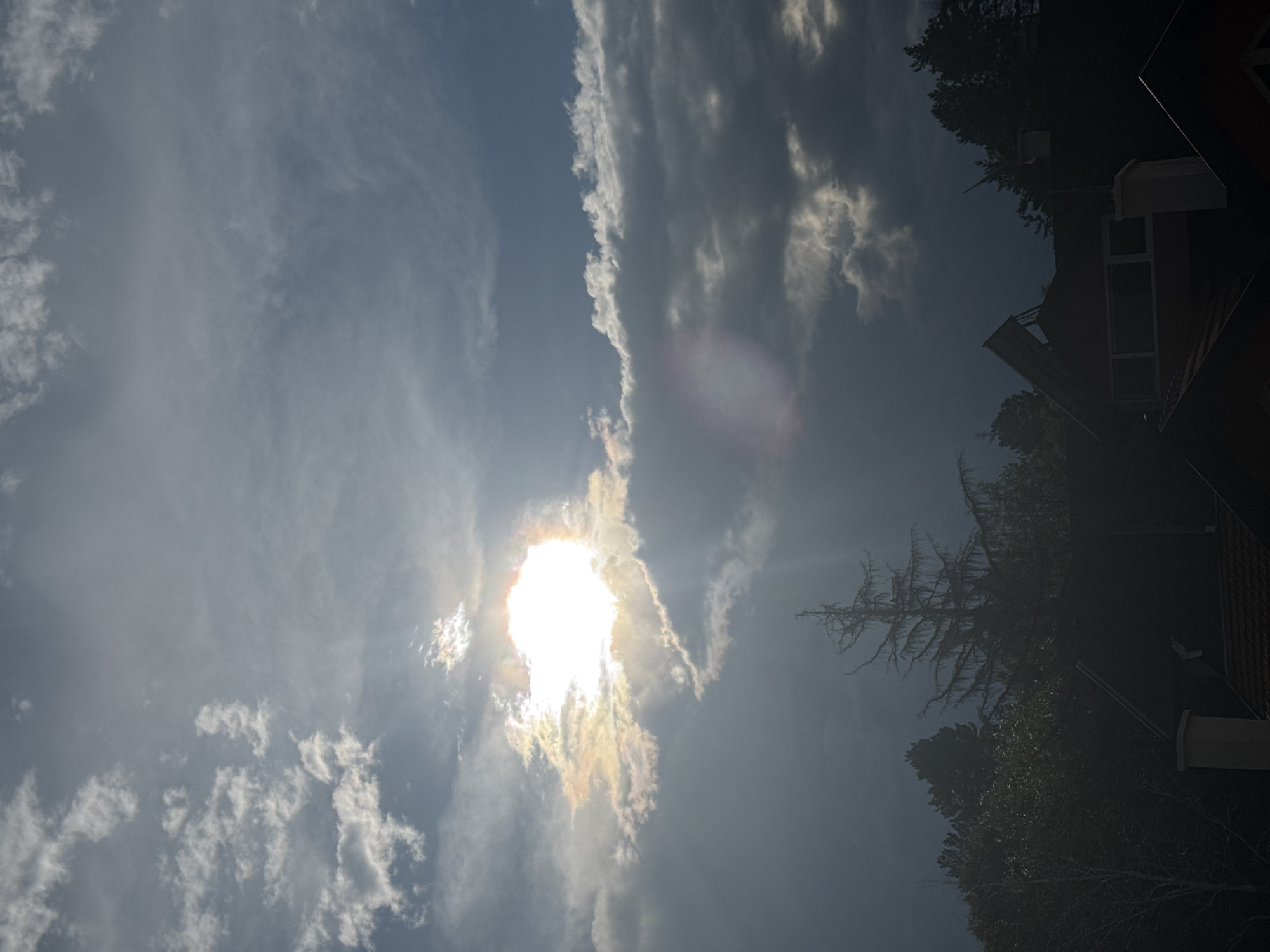 This is a photograph of a cloudy sky with the sun partially obscured by clouds, casting rays of light. The sun appears bright and warm, with some lens flare visible as a soft, hazy glow. Below the sky, the silhouettes of trees and rooftops of houses are visible, suggesting an urban or suburban setting. The overall mood is atmospheric and slightly dramatic, with the interplay of light and shadow creating depth and contrast. The image was taken in Sofia, Bulgaria, though no specific landmarks or identifying features within the city are clearly discernible from the provided visual information. The scene appears to be captured at an outdoor location, possibly a residential area or a place with a view of the sky.