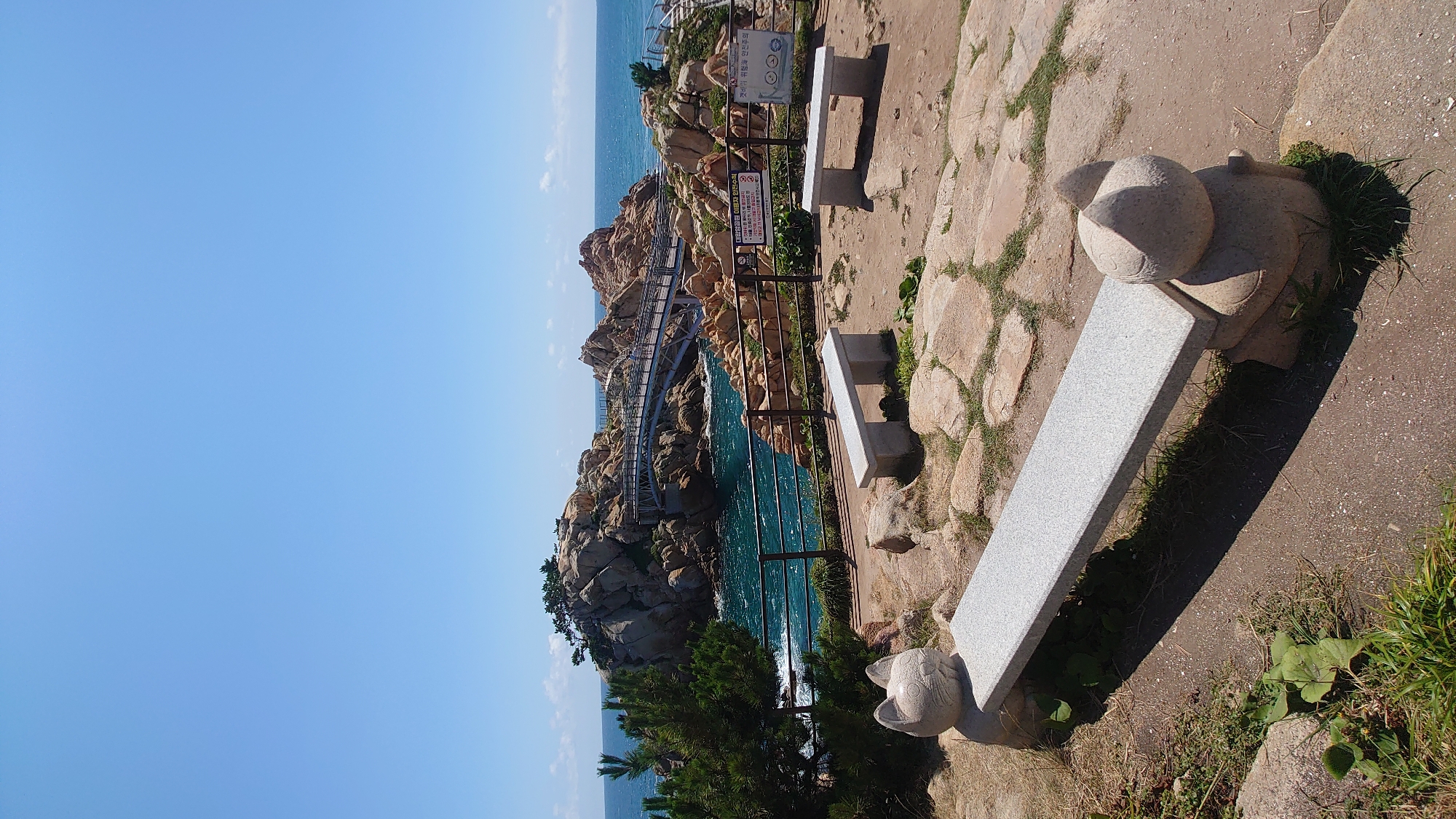 The image captures a scenic view of Ganjeolgot Cape in Ulsan, South Korea. In the foreground, a stone bench with cat-shaped legs sits on a pathway surrounded by grass and rocks. To the right, another similar stone bench is visible. Beyond the benches, a metal fence separates the viewing area from the sea. A narrow pedestrian bridge extends across a rocky inlet filled with vibrant turquoise water. The bridge connects to a cluster of rugged, rocky islands dotted with sparse vegetation. The sea is calm, with small waves lapping at the rocky shores. The sky above is a clear, bright blue. Signs with Korean text are mounted on the fence. No people are actively engaged in any particular activity, though one person can be seen on the bridge in the distance. The overall scene depicts a tranquil coastal landscape.