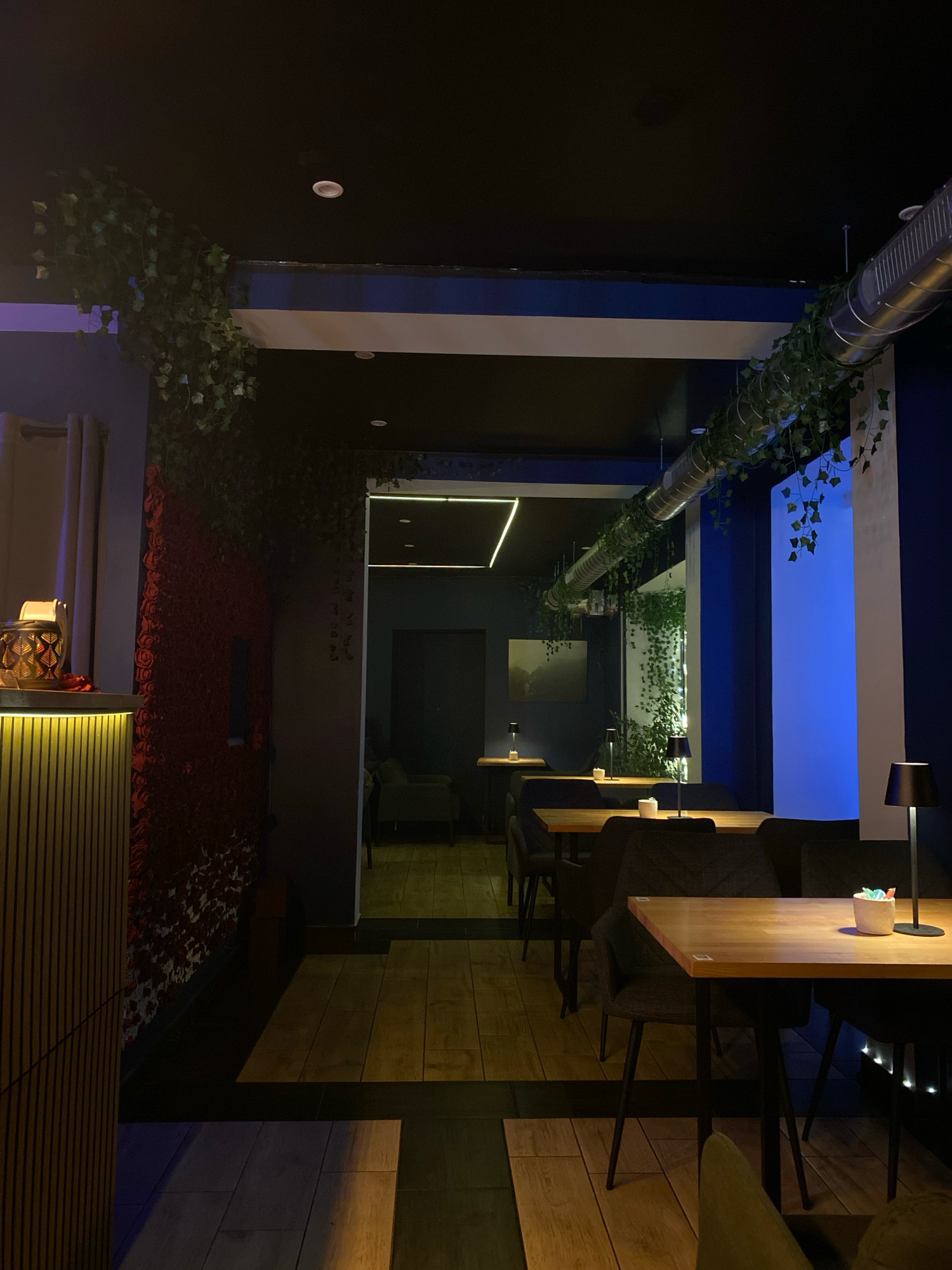 The image depicts the interior of a dimly lit establishment, likely a lounge or restaurant, with a modern and somewhat eclectic decor. The space features dark ceilings and walls, contrasted by warm wooden flooring and furniture. Greenery, possibly artificial vines, drapes from the ceiling and along a large ventilation duct, adding an organic element to the ambiance.
Seating arrangements consist of dark upholstered chairs around polished wooden tables, each equipped with a small black table lamp and a decorative pot containing colorful objects. One table in the foreground has a small white pot with what appears to be candy or small stones. In the background, a hallway leads to another section of the establishment, where more seating is visible, along with a painting on the wall and a striking blue light emanating from a large window or illuminated panel.
To the left, a vertical wooden paneling structure with integrated lighting is partially visible, alongside a wall adorned with a textured, dark red surface resembling moss or a floral pattern. Curtains hang on the left side, and a decorative vase or lantern is placed on the wooden paneling. The overall impression is one of a contemporary space designed for relaxation and socializing, with an emphasis on mood lighting and natural-themed accents.
Without additional information, it is not possible to definitively identify the specific location within Gliwice, Poland.