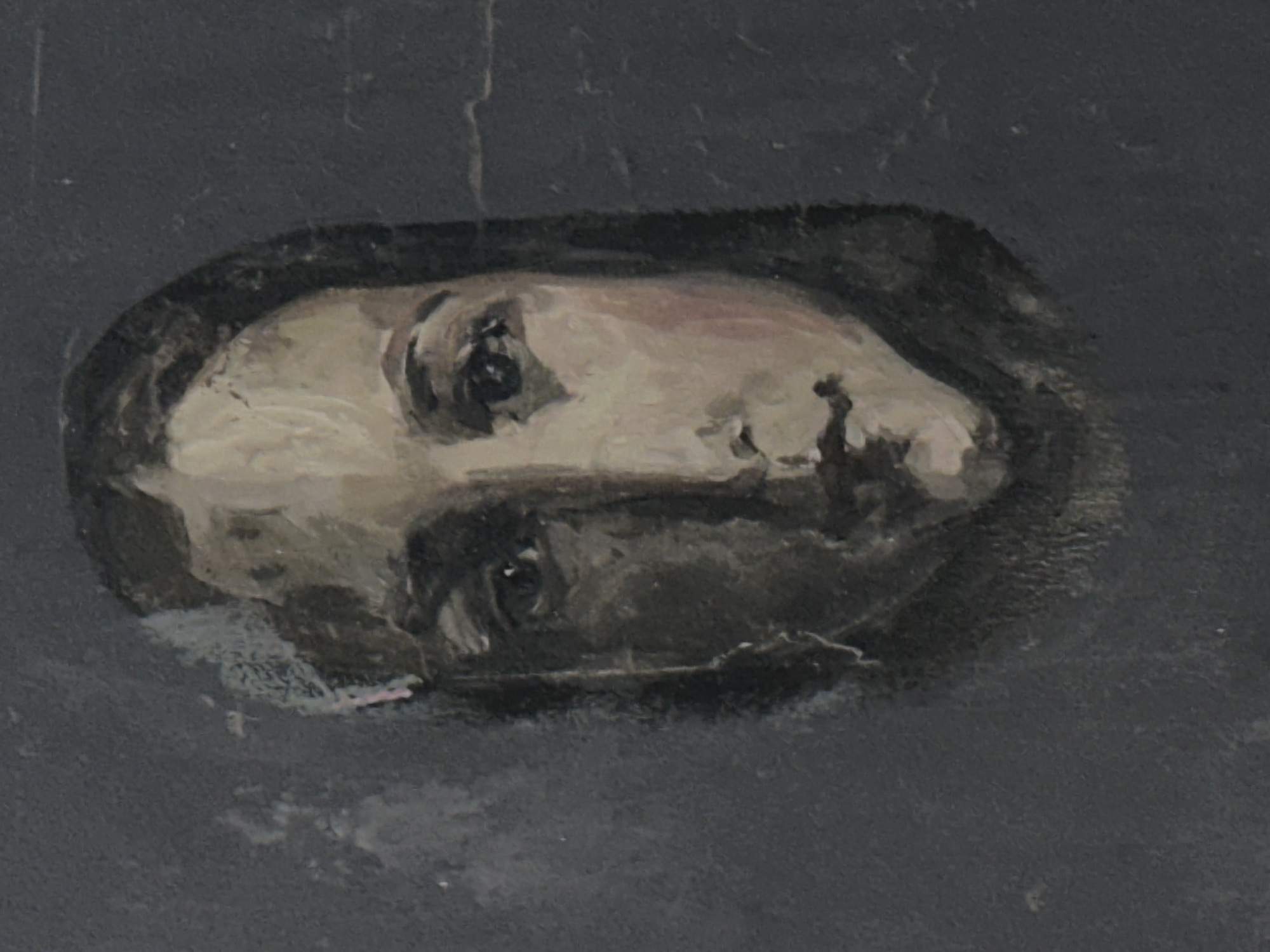 A close-up, slightly off-center shot reveals a partial portrait of a face within a dark oval or roughly rectangular shape on a dark gray background. The face appears to be painted, with details including two eyes, a nose, and partial mouth visible. The face is painted in light tones, contrasting with the darker tones around the oval shape. The condition of the painting is visibly weathered or damaged with areas of paint loss evident, particularly at the bottom left and upper parts of the oval. The dark gray background is solid and featureless. There is no visible context to determine the location in Rostov-on-Don, Russia.