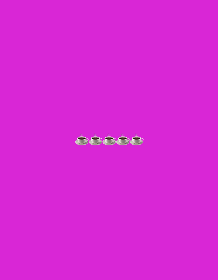 A minimalist digital illustration features a vibrant magenta background. Centered horizontally across the lower portion of the image, a row of five white coffee cups with dark coffee sit on white saucers. Each cup exhibits subtle steam rising, indicating the coffee is hot. The cups are evenly spaced and aligned in a straight line. The scene is devoid of any urban context or specific location information, including Gorzow, Poland.