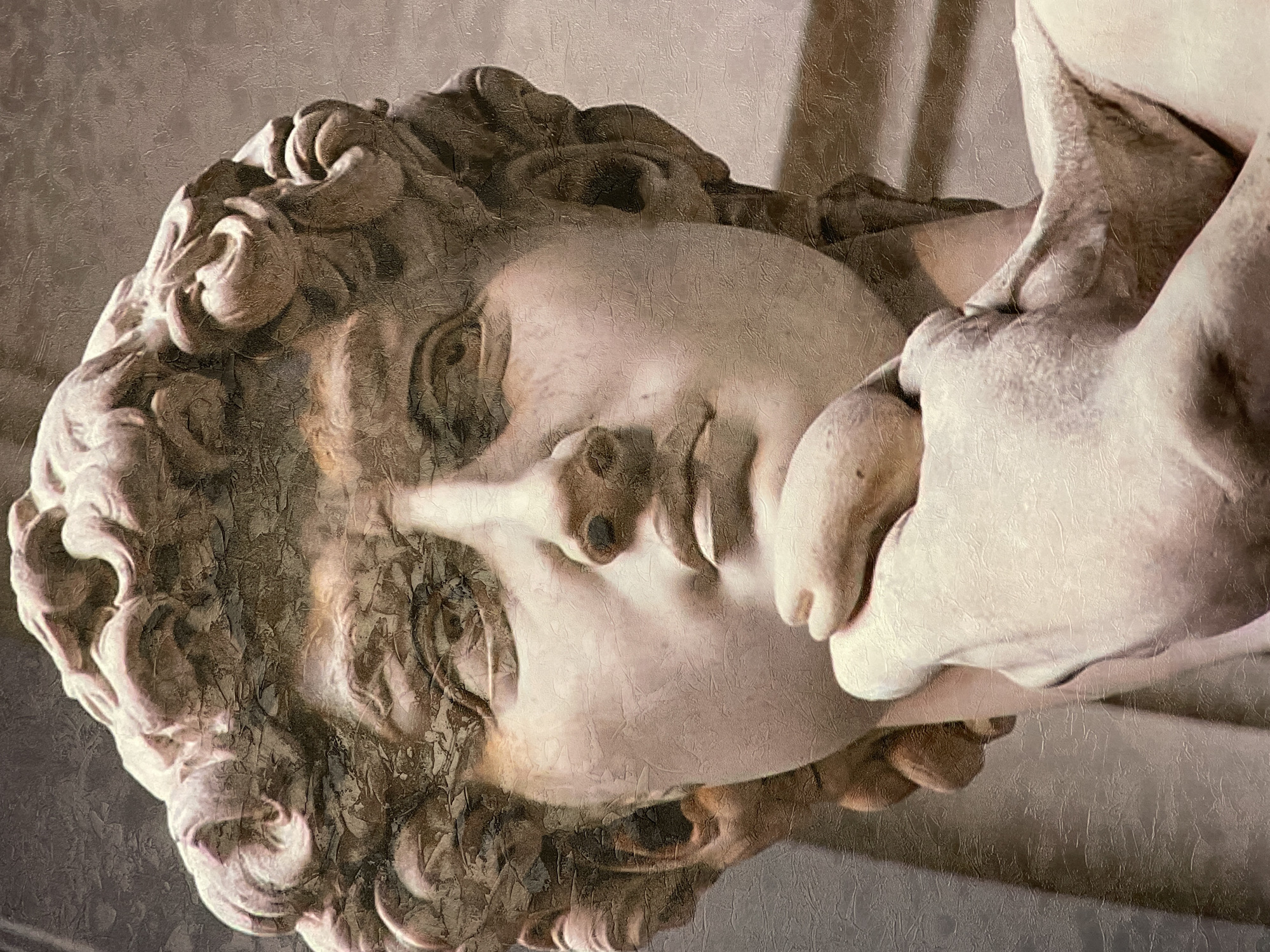 A close-up, horizontally oriented image features a classical marble sculpture, likely depicting a male figure such as Michelangelo's David, set against a dark, indistinct background. The entire image is overlaid with a prominent, artificial texture resembling cracked paint, worn canvas, or a distressed wall, giving it an aged or artistic reproduction quality.
The sculpture's head, positioned on the left side of the frame, is rotated counter-clockwise, making the figure appear to be looking upwards and slightly to the viewer's left if oriented upright. The subject possesses distinct curly hair, a straight nose, defined lips, and eyes that convey a sense of intense emotion, concentration, or determination. A prominent hand, presumably the figure's own, supports or touches the area around the chin and jawline on the right side of the face, further emphasizing the inward focus or struggle.
The activity captured is a moment of profound thought or preparation, characteristic of iconic sculptures like David before his confrontation. The facial expression suggests a blend of resolve and perhaps apprehension.
Notable details include the muted color palette, dominated by creamy whites, greys, and browns, typical of aged marble and the textured overlay. The heavy texture obscures any fine details of the background, making it appear as a simple, dark void. There are no specific architectural or environmental cues to indicate the setting, beyond the general implication of an art gallery or museum. No visible text is present in the image. The image itself provides no visual cues related to Солонцы, Russia.