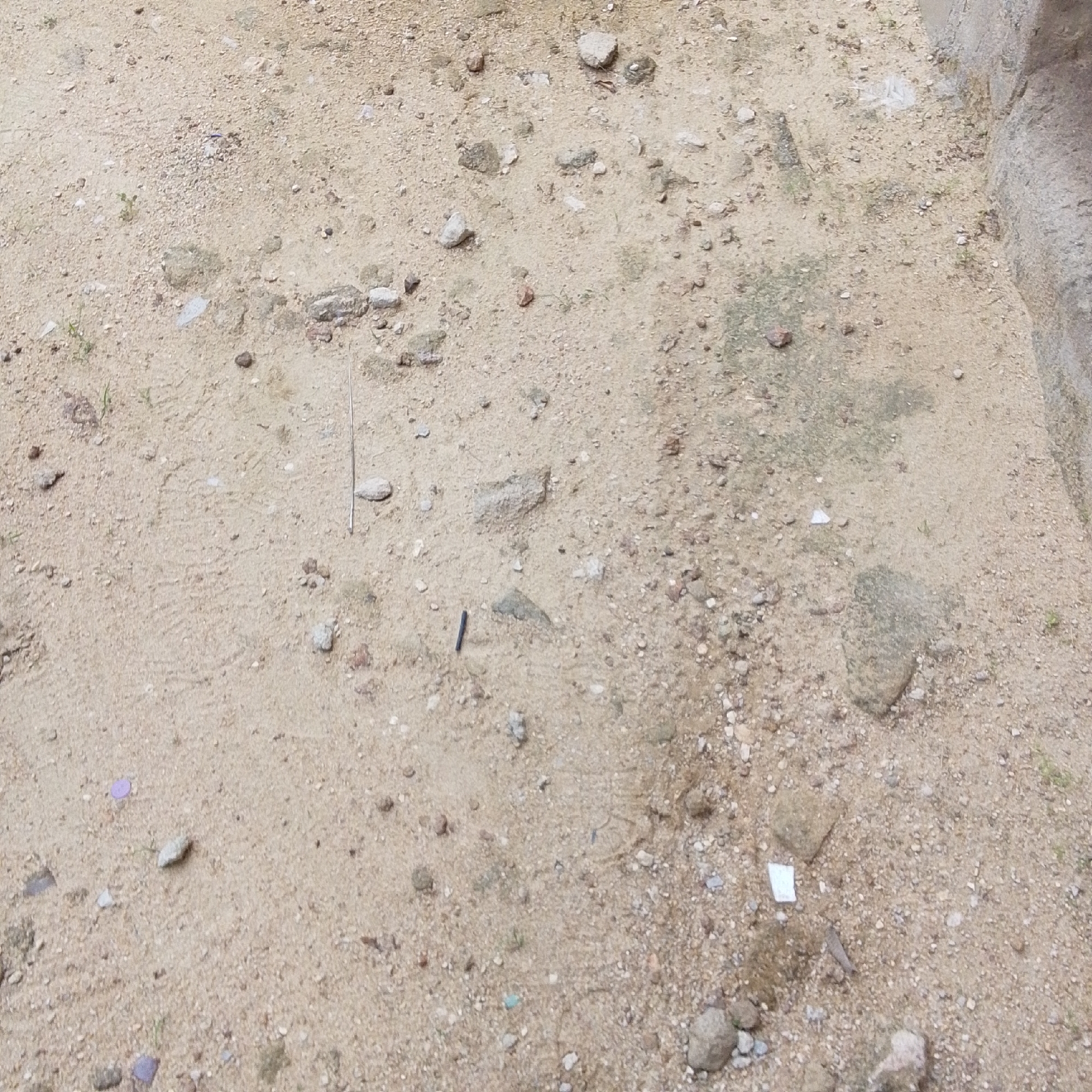 The media file displays a close-up view of a sandy, uneven ground surface, possibly a dirt road or unpaved area. Small stones, pebbles, and some larger rocks are scattered across the sand, with sparse patches of dry, light green vegetation. The overall scene suggests an outdoor environment.
In the center of the frame, a small, dark, thin object lies on the sand, appearing to be a pencil or a similar writing instrument. To the left, there are two small, irregular purple objects, possibly discarded plastic fragments. In the upper right quadrant, a section of a grey, textured surface, potentially a wall or a large rock formation, is visible. A thin, metallic-looking rod or stick stands vertically in the sand towards the left-center of the image. A few crumpled pieces of white paper are also visible on the ground, scattered throughout the scene.
The lighting suggests it is daytime, with no specific indication of time of day or weather conditions. The location context of Jalingo, Nigeria, hints at a potentially arid or semi-arid climate. There is no discernible text in the image. The overall impression is one of a simple, unadorned outdoor setting with some scattered debris.