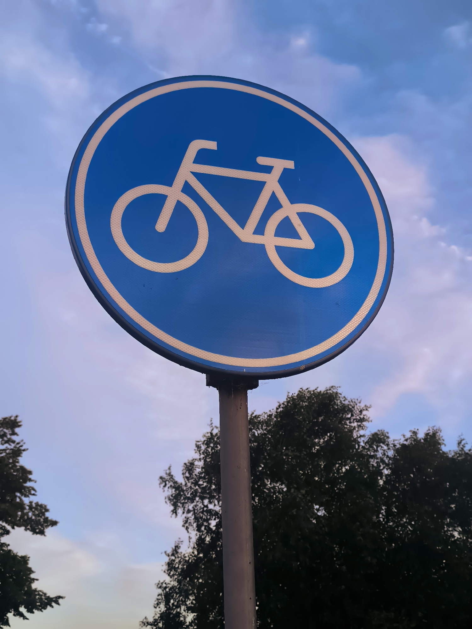 A circular blue traffic sign with a white bicycle symbol is mounted on a pole. The sign is positioned against a sky with scattered clouds. Dark green foliage from trees frames the bottom of the image. The pole is dark and metallic, and a faint reflection is visible on the sign's surface. The overall impression is an outdoor scene, possibly in a park or along a street, with the sign indicating a dedicated cycling path. The provided crops confirm the sign's design and the surrounding natural elements, enhancing the detail of the sky and foliage. The location of Almere, Netherlands is noted as the context for this scene.