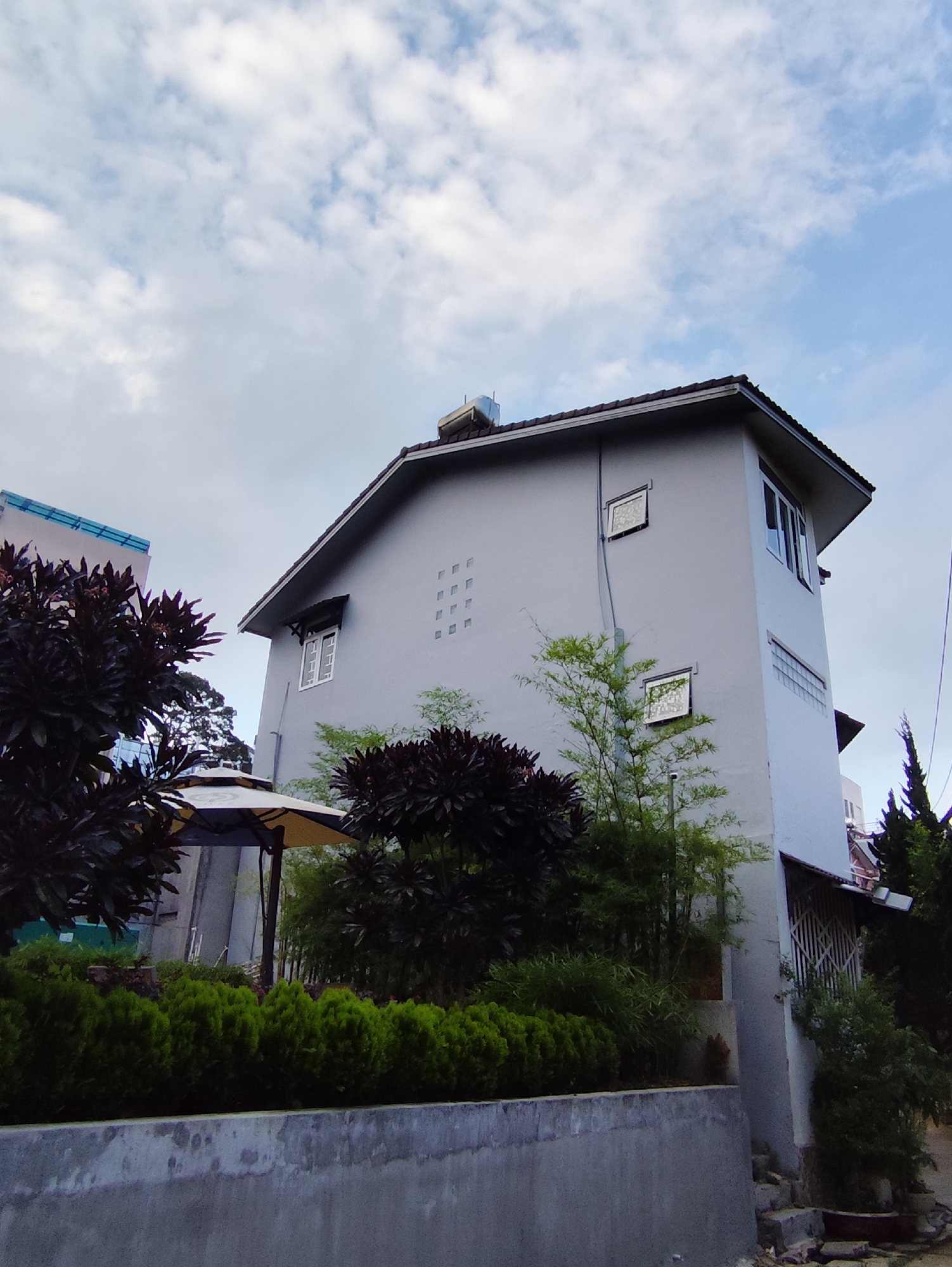 A two-story house, painted in a light gray hue, stands prominently under an overcast sky with patches of blue. The house features a brown tiled, pitched roof, on which a silver-colored solar water heater or similar tank is visible. Various windows dot its facade; a white-framed window with a small dark awning is on the left side, while a multi-paned window section and horizontal glass block windows are visible on the right side. A decorative grid of square indentations adorns one of the gray walls.
The house is enveloped by lush greenery. In the immediate foreground and surrounding the lower part of the house are dense, dark red/purple-leafed bushes and vibrant green, neatly trimmed hedges bordering a gray concrete wall. Bamboo shoots with delicate green leaves grow close to the house on the right. A large, yellowish-beige patio umbrella with a black base is partially visible on the left, nestled among the foliage, suggesting an outdoor seating area. To the far left, behind the dark bushes, part of a taller building with blue-colored elements can be seen. On the far right, a tall, slender evergreen tree stands, and a white trellis-like structure is attached to the house's side. The ground near the base of the house on the right appears to have some concrete debris.
The scene depicts a tranquil outdoor setting, likely a garden or residential area in Da Lat, Vietnam. There is no human activity taking place. The time of day appears to be daytime, characterized by bright but diffused light due to the cloudy conditions. No discernible text is visible in the image.