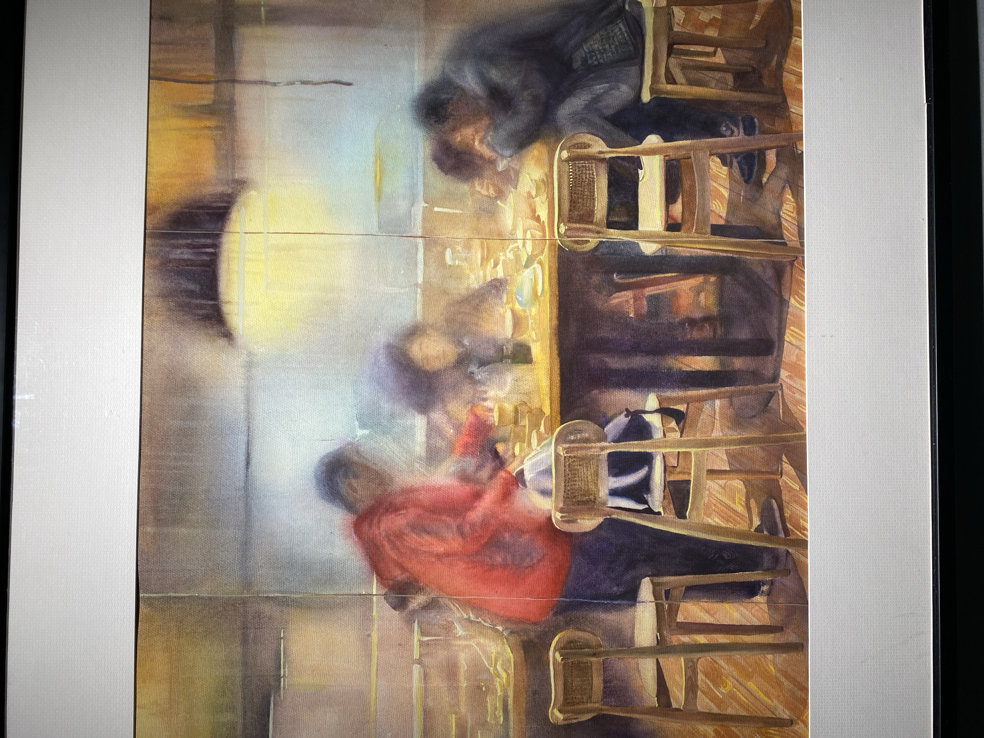 The image depicts a scene in a restaurant in Yuzhong District, China, with an impressionistic watercolor style. Three individuals are seated around a table laden with bowls and plates, suggesting a meal is in progress or has recently concluded.
On the left, a person wearing a bright red jacket is standing and appears to be reaching for something on the table, possibly serving food or clearing dishes. A backpack is visible on a chair next to them.
In the center, another individual, partially obscured, is seated at the table, also facing the food.
On the right, a third person is hunched over the table, their head resting on their arms, giving the impression of weariness or deep thought. This individual is wearing a dark coat.
The environment is dimly lit, with a prominent overhead light fixture casting a warm glow. The background is softly rendered, suggesting a bustling but somewhat hazy interior. Wooden chairs and tables are present, characteristic of a traditional dining establishment. The overall impression is one of quiet contemplation and everyday life within a public space.