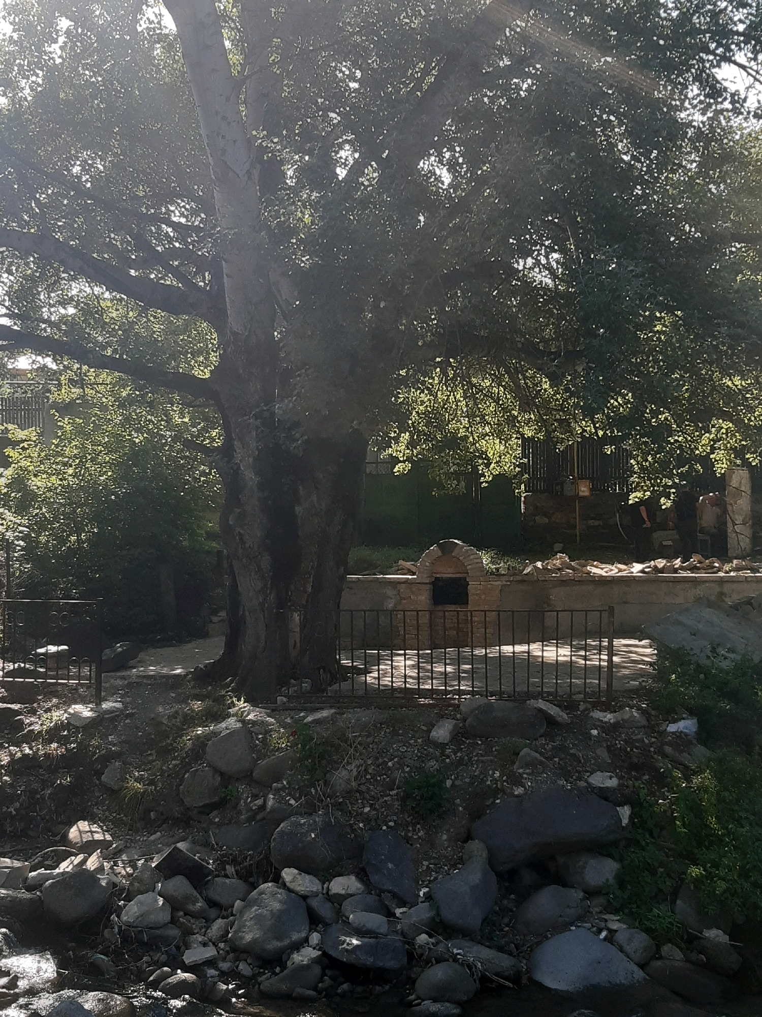 In Kavtiskhevi, Georgia, a large tree dominates the foreground, its trunk thick and textured, with branches spreading wide and casting dappled sunlight. Behind the tree, a stone oven is visible, a dark opening suggesting its use for cooking. A low stone wall surrounds the oven area, and scattered rocks lie nearby, possibly for fuel or construction. A metal fence runs in front of the oven, separating it from a pathway. In the background, two individuals are present, their forms indistinct in the shadow and distance, appearing to be engaged in some activity. The scene is set by a rocky bank leading down to a body of water in the lower portion of the image, with lush green foliage and trees surrounding the area.