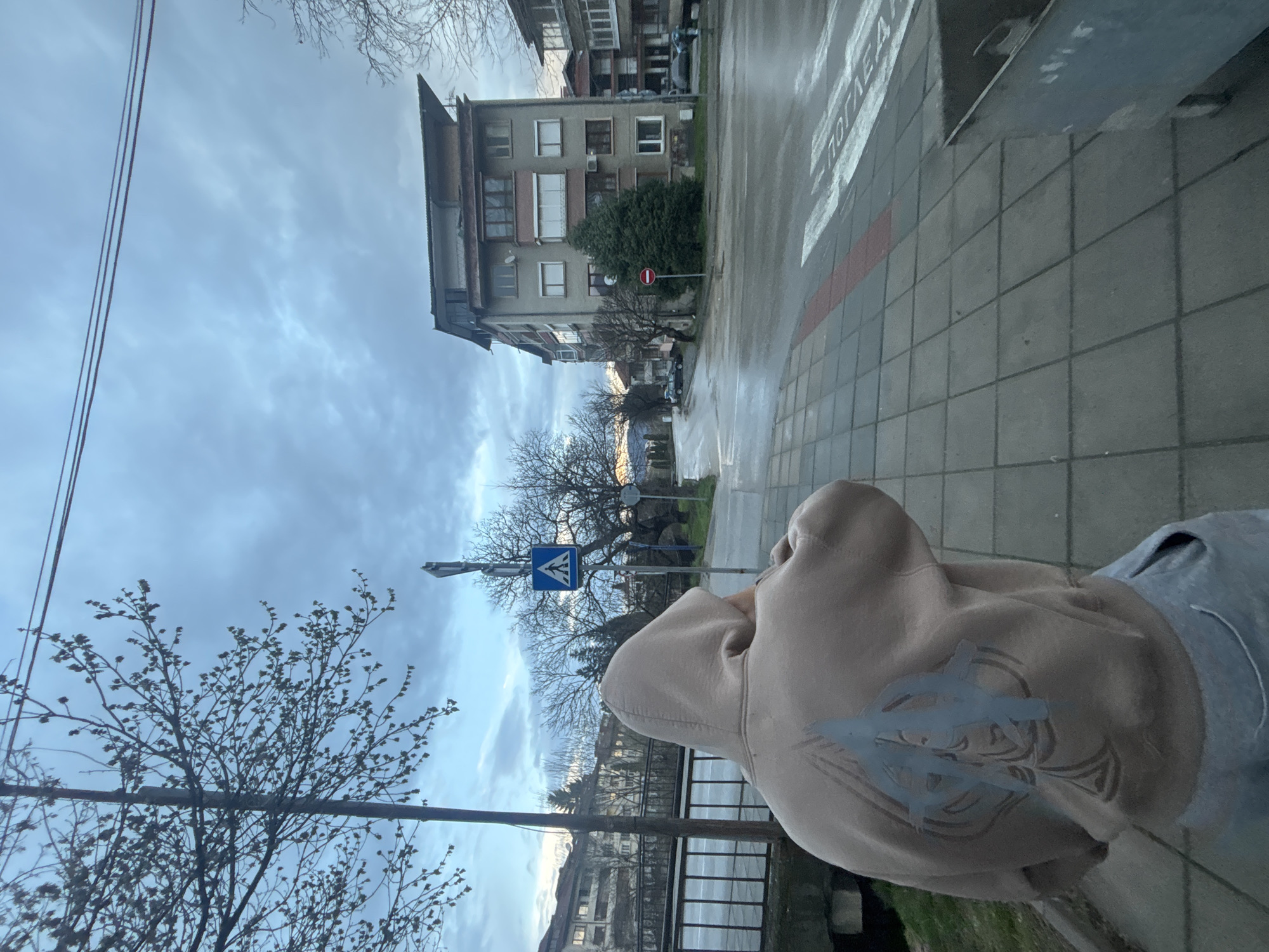 A person wearing a tan hoodie with a blue graphic on the hood stands on a paved sidewalk in Troyan, Bulgaria. The sidewalk is composed of gray tiles and includes a crosswalk painted in white. Across the street, a multistory residential building with balconies and windows is visible, along with various trees and other buildings in the background. A blue pedestrian crossing sign stands near a leafless tree. The sky is cloudy and overcast.