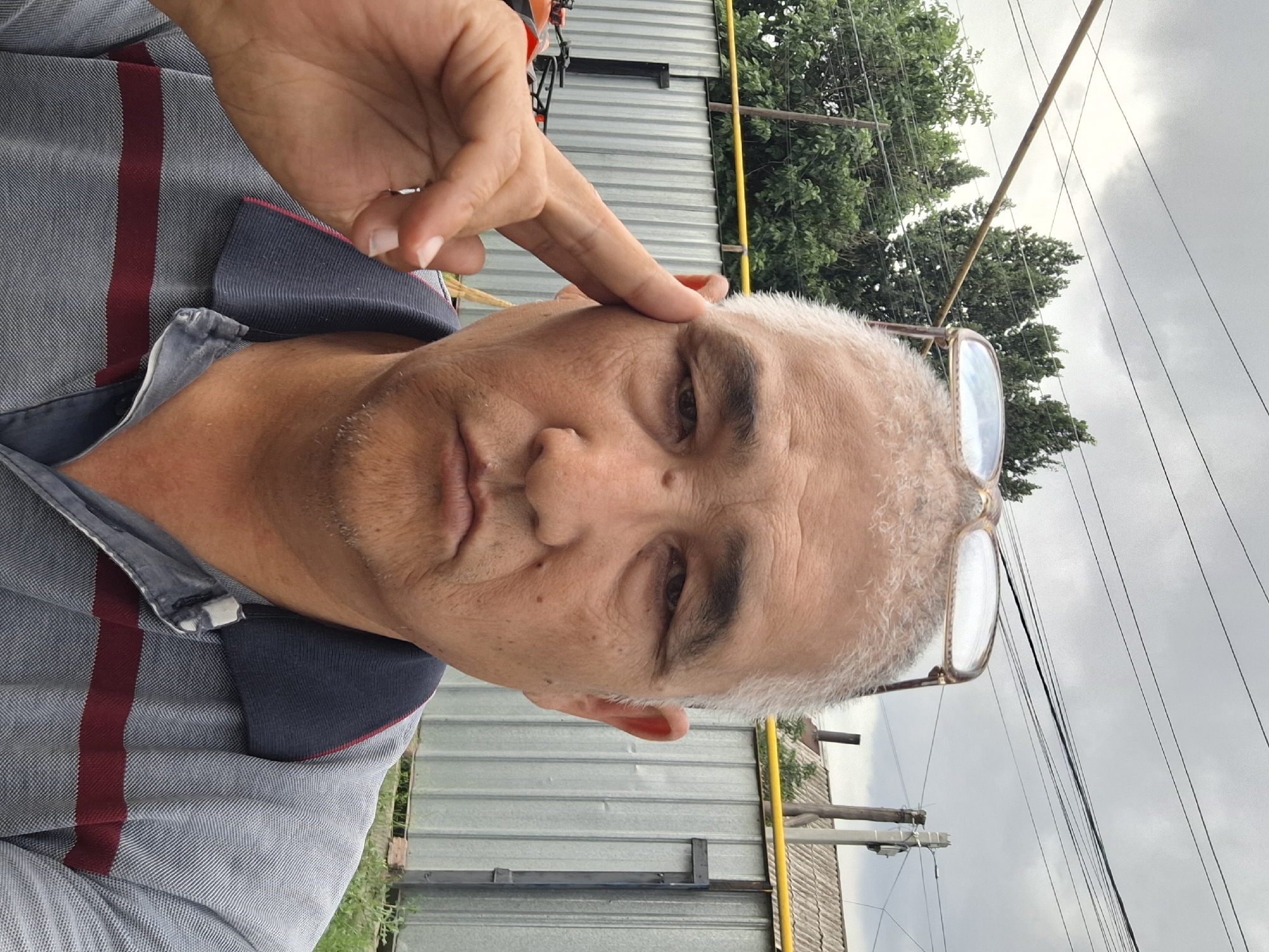 A middle-aged man with short, graying hair and glasses perched on his forehead takes a selfie outdoors. He is wearing a gray polo shirt with dark blue and maroon stripes. His right hand is raised to his temple, with his index and middle fingers touching his skin. The background consists of a gray, corrugated metal fence, some trees, utility poles, and power lines against a cloudy sky. This scene is consistent with an outdoor setting in Almaty, Kazakhstan, given the architectural style and vegetation.