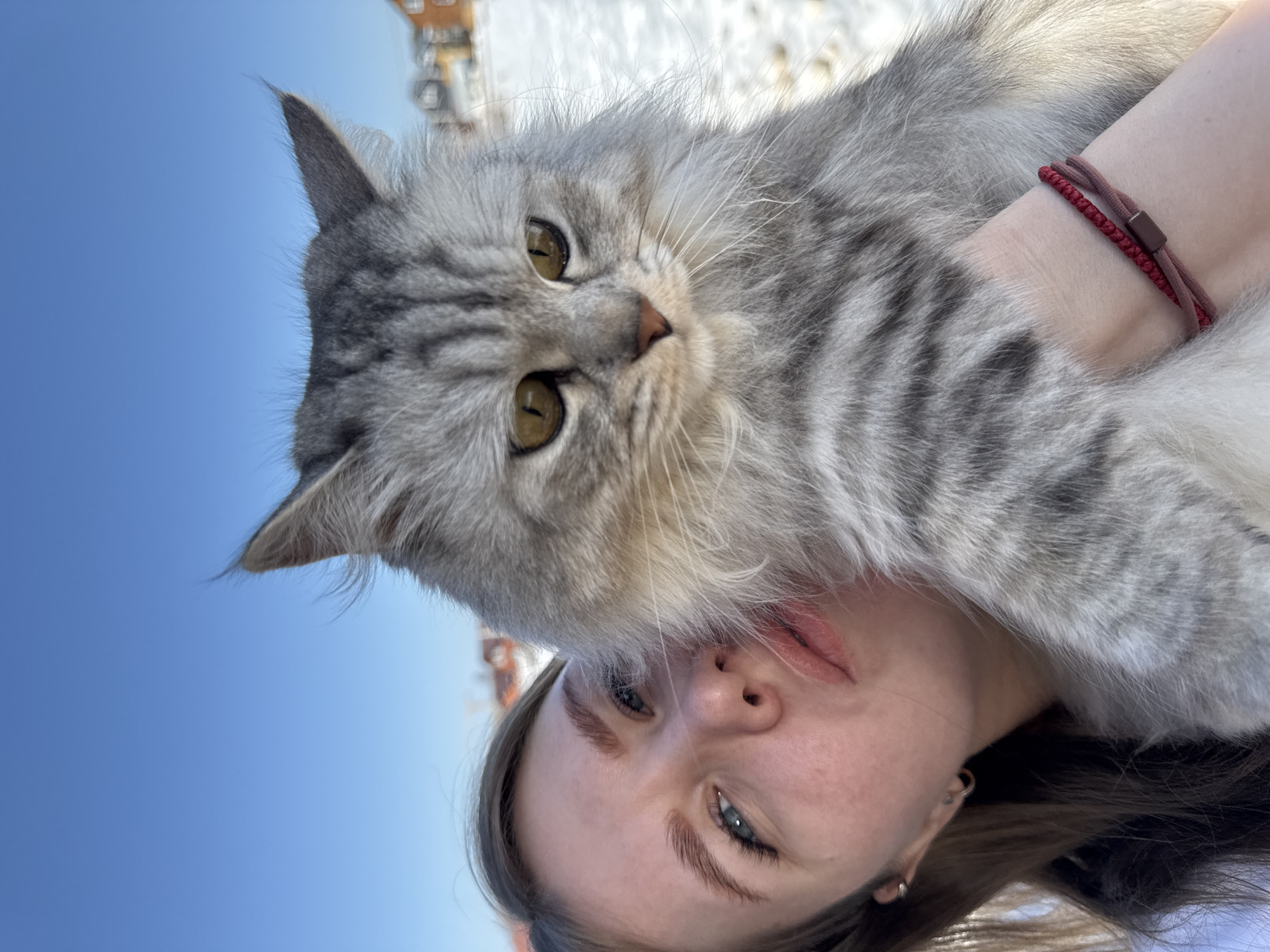 A woman is holding a gray tabby cat in her arms, with the cat's head near her face. The background shows a bright blue sky and a blurred view of buildings, possibly located in Gornyi (Dvurechenskoe S/P), Russia. The woman is fair-skinned with blue eyes and brown hair. She is wearing a red bracelet on her wrist. The cat has yellow eyes and a fluffy coat. The photo is taken at an angle, looking up slightly at the subjects.